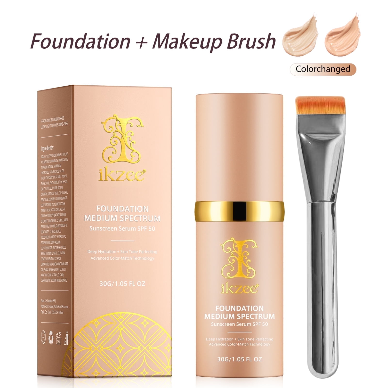 IKZEE 4-in-1 Foundation with Brush, Long-lasting Waterproof Coverage, SPF 50+ UV Protection (Medium, 1.06 oz) 76rsw