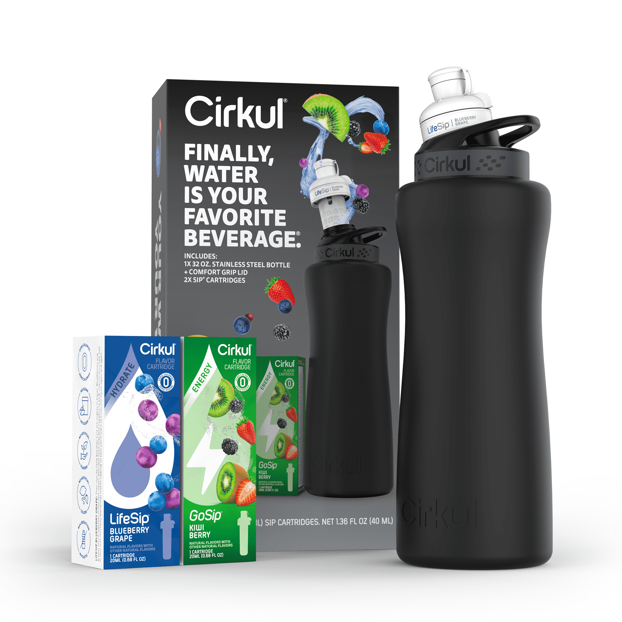 Cirkul Stainless Steel Water System Starter Kit with Flavor Dial and 2 Cartridges (Matte Black, 32 oz) wuczt