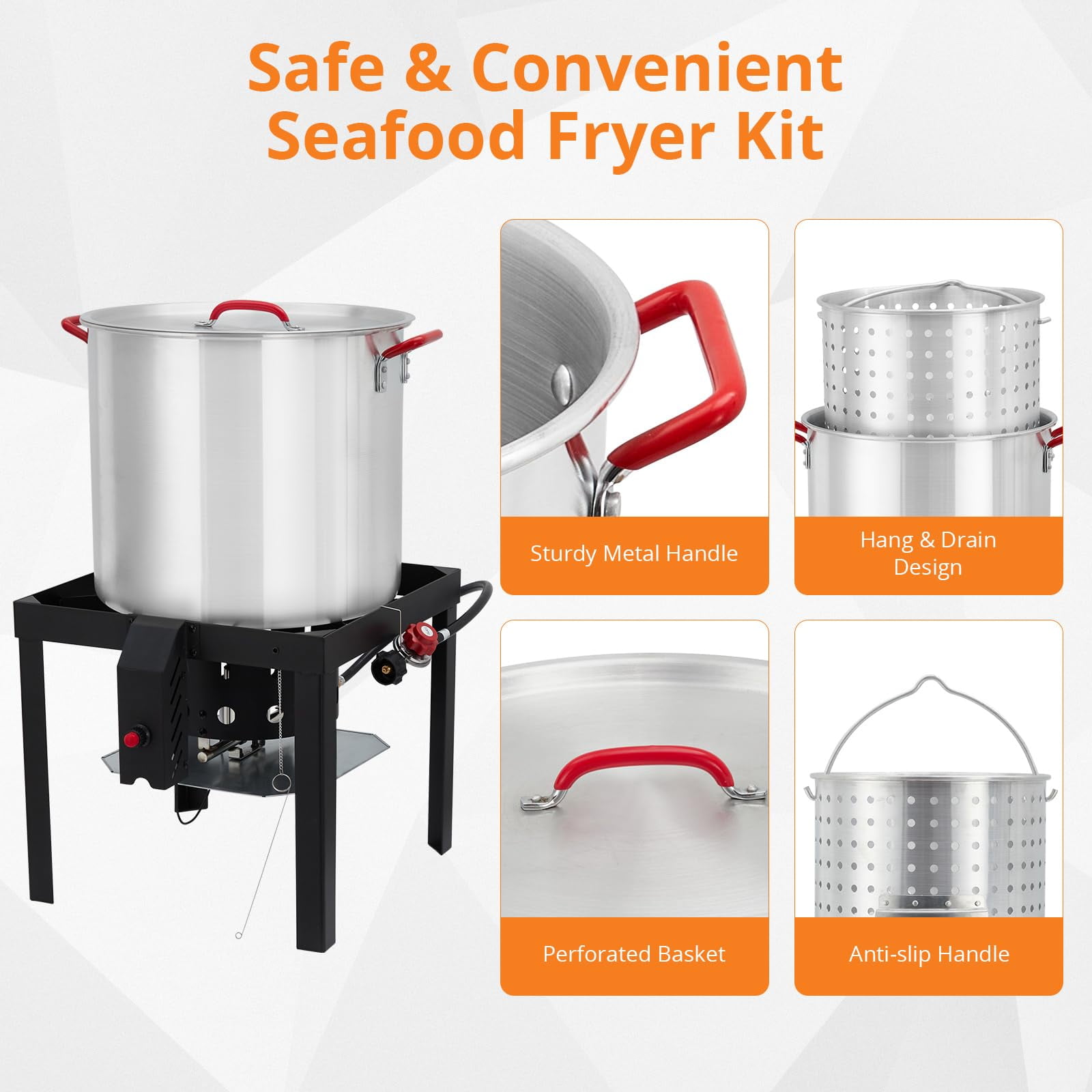 Kitsin Aluminum Turkey Deep Fryer and Seafood Boil Pot Set with Strainer and 110,000 BTU Propane Burner (Silver, 100 qt) 9xc65