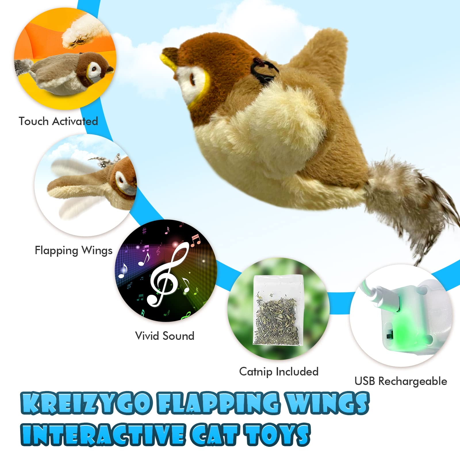 Tetou Interactive Flapping Bird Cat Toy, Motion Activated Plush Kitten Exercise Toy (Brown, 1 Pack) pnnx2