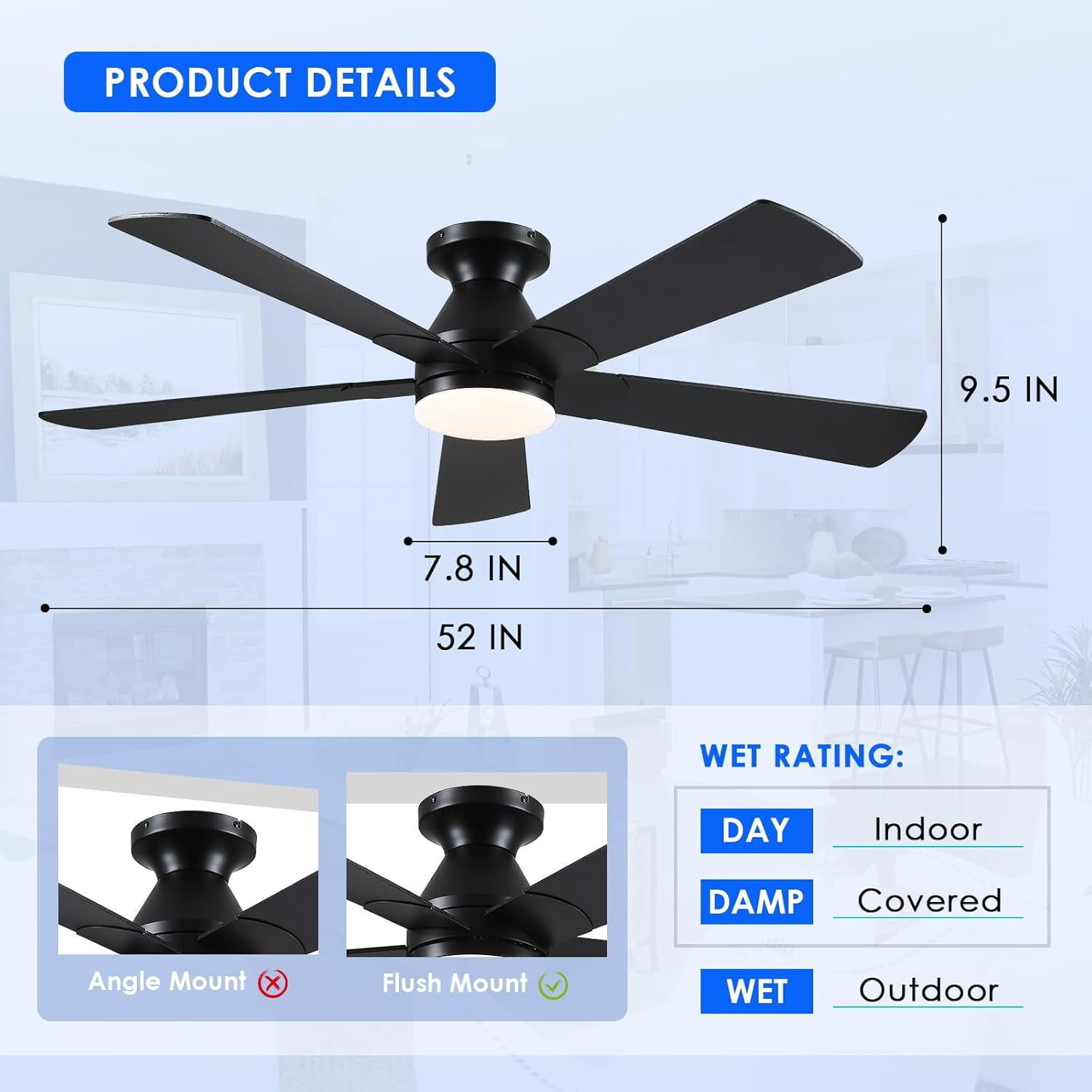 Phorus 52in Flush Mount Ceiling Fan with Dimmable LED Lights and Remote Control (Black, 52 in) 56ws9