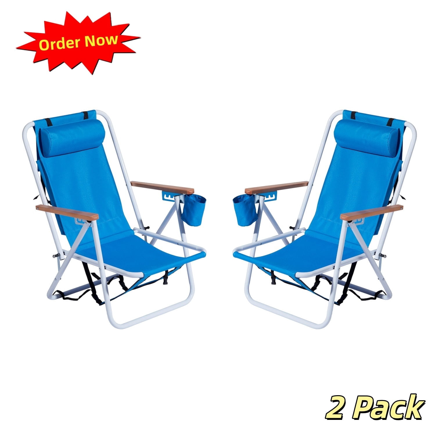 Tcbosik Folding Beach Chairs with 4-Position Adjustable Backrest and Cup Holder (Blue, Set of 2) mnnk6