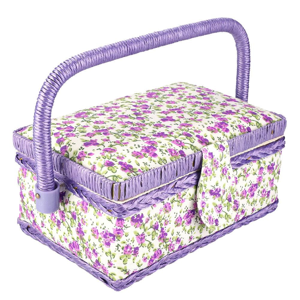 Tebru Sewing Basket Organizer with Handle, Double-Layer Storage Box for Thread and Needle (Purple Flower, 12 in x 9 in x 6 in) bo8la