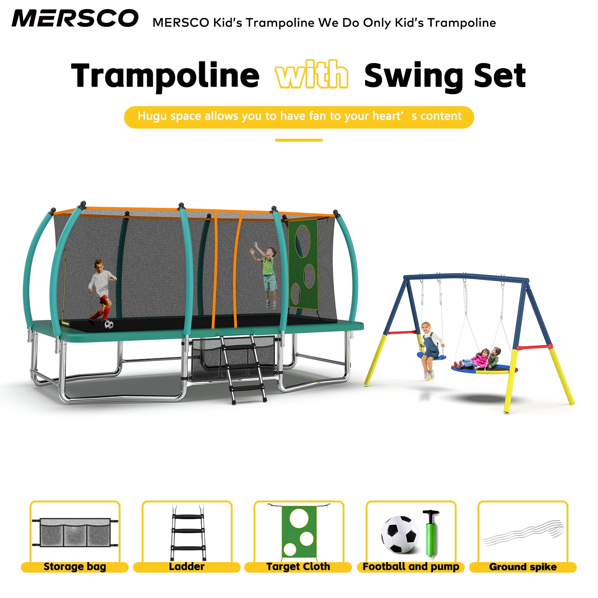 Mersco 4-in-1 Rectangular Trampoline with Swing Set and Enclosure Net (Green, 10 ft x 16 ft) 5k7pn