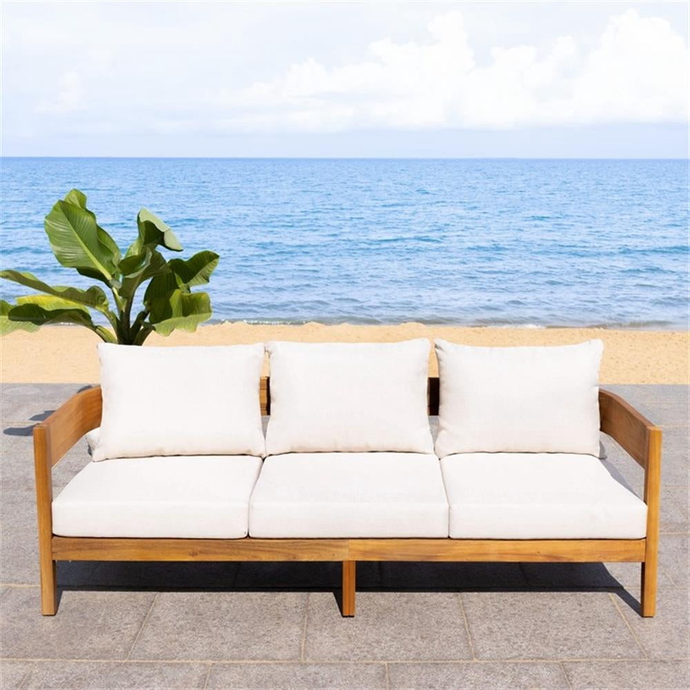 Pemberly Row Outdoor Teak Wood Sofa with Polyester Cushions (Natural/Taupe, 72 in) sf89j