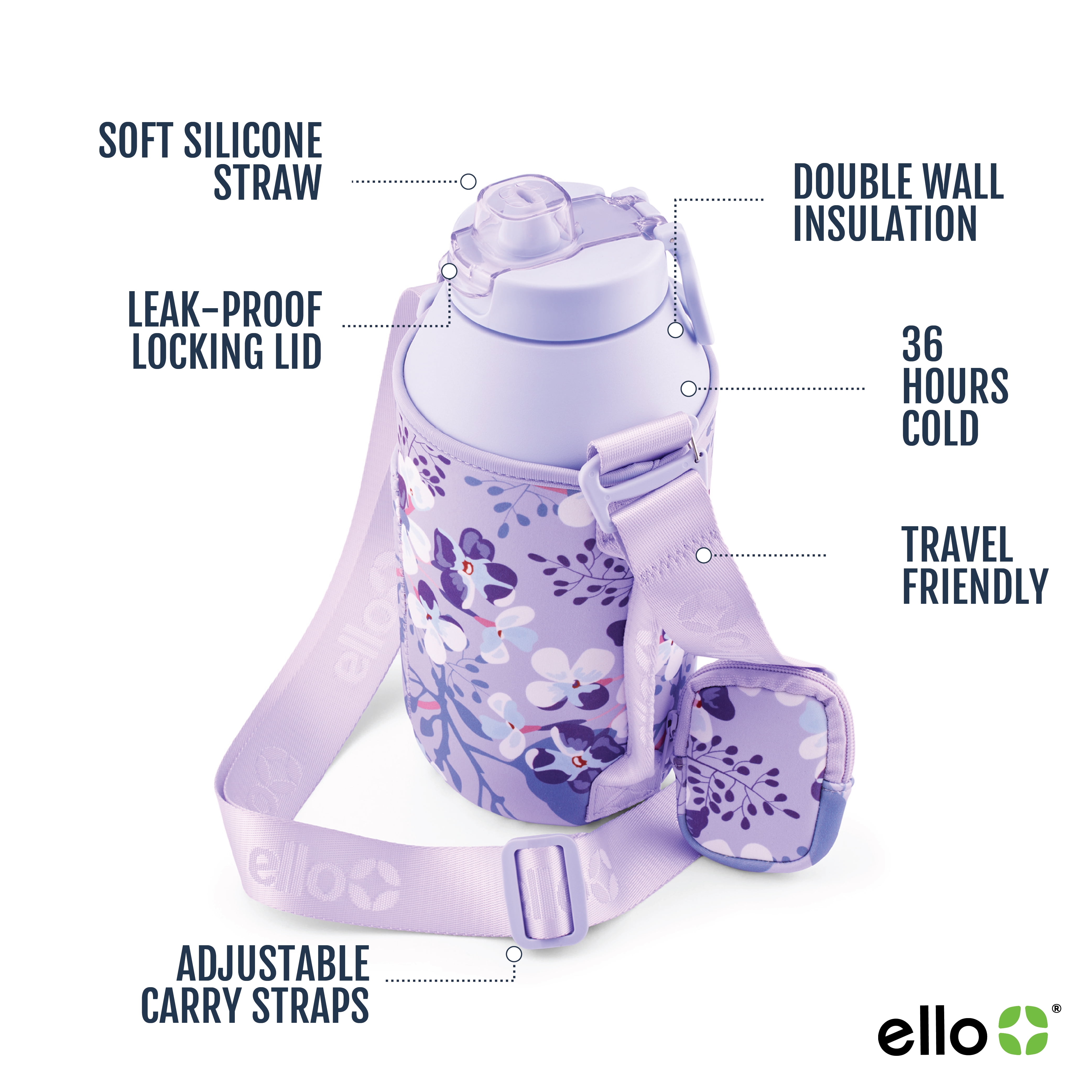 Ello Ultra Clean Stainless Steel Insulated Jug with Carrying Case (Lavender, 64 oz) r7scg