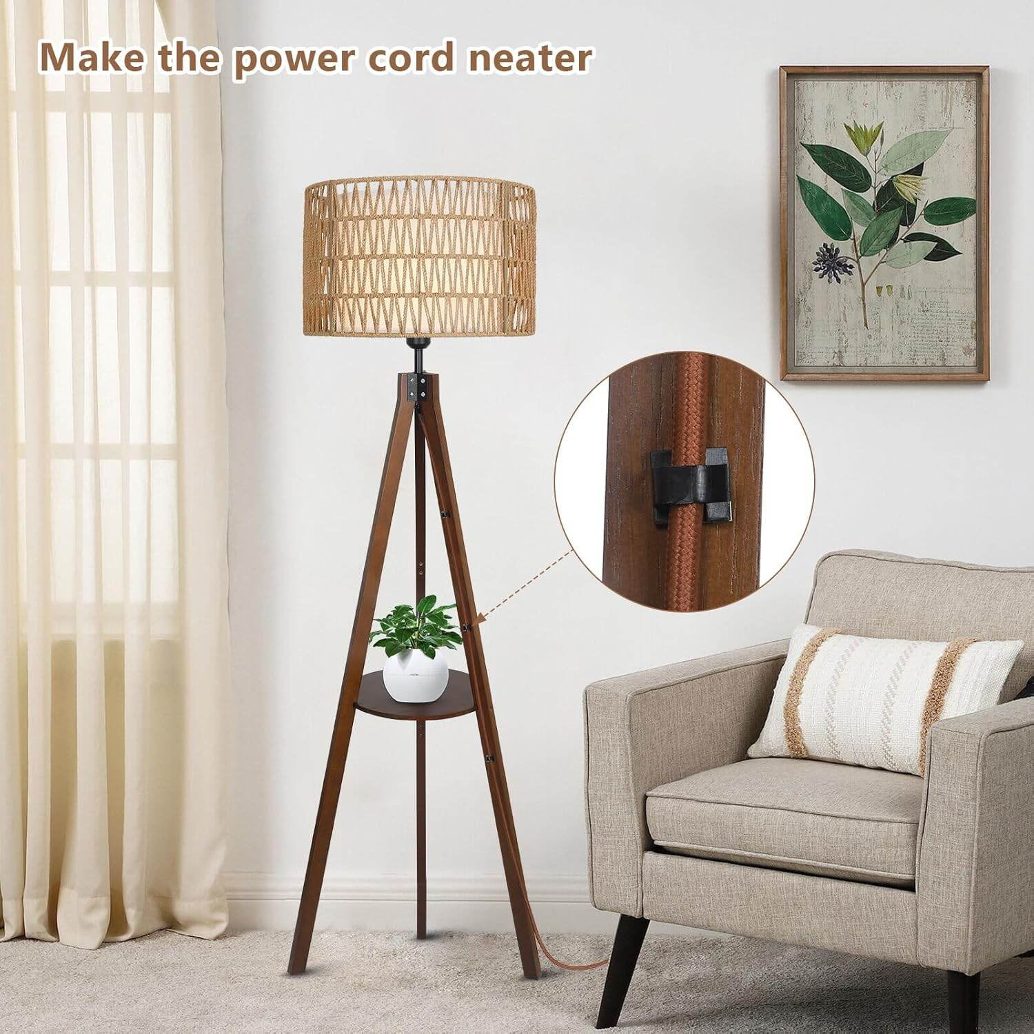 PuppyCheer Boho Tripod Floor Lamp with Shelves, Mid Century Wood Standing Lamp with Rattan & Fabric Shades (Brown, 59 in) siusv
