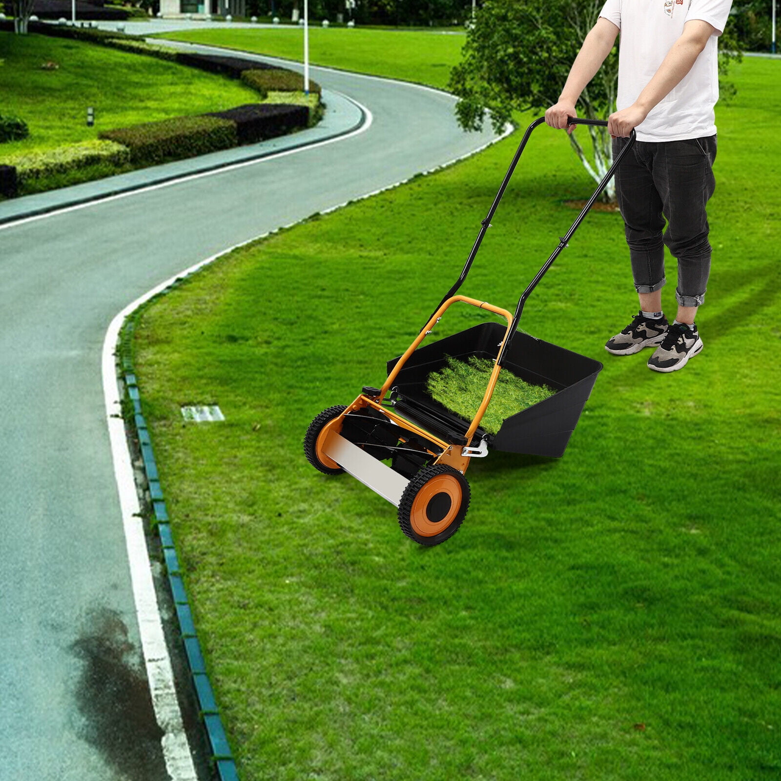 Generic 16-inch Manual Hand Push Lawn Mower with Grass Catcher (Black, 16 in) s1j2u
