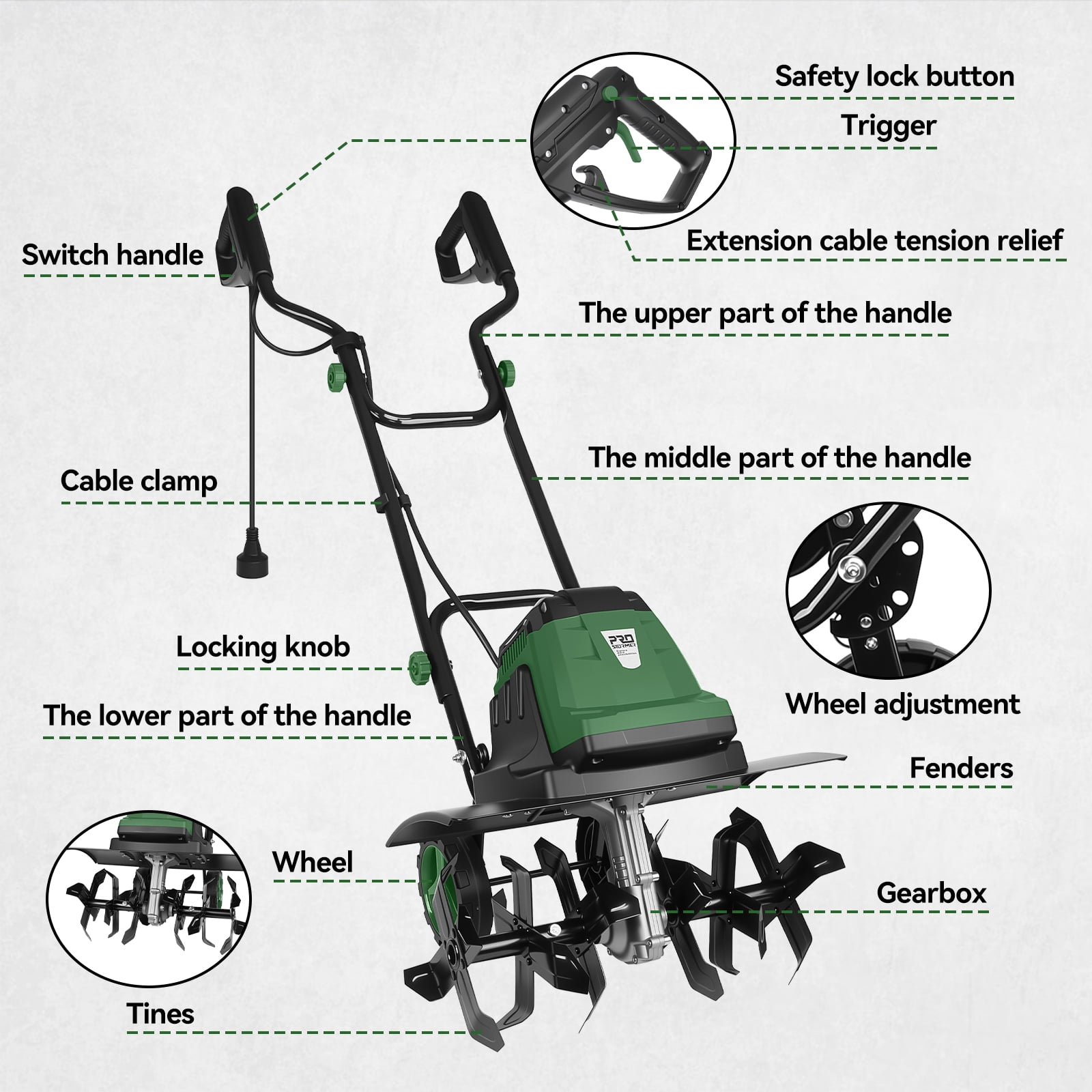 Prostormer 18 inch Electric Garden Tiller, 15 Amp Cultivator with 24 Steel Tines, 8.7 inch Tilling Depth, Adjustable Wheels and Foldable Handle ztou8