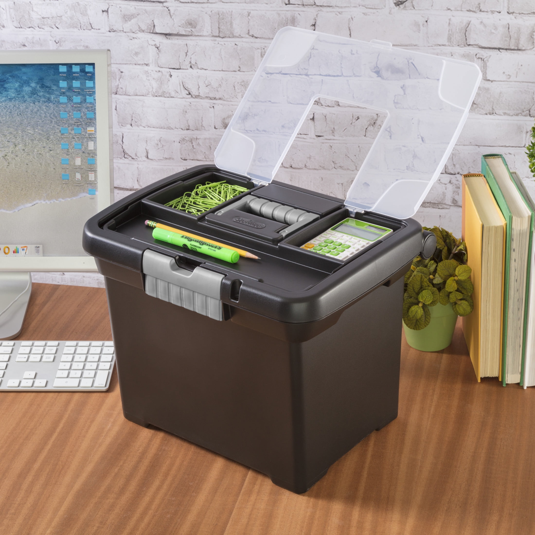 Sterilite Portable File Box, Letter-Size Plastic Storage Organizer with Handle and Divided Lid (Black, 15 in x 10.875 in x 11.5 in) ch8xf