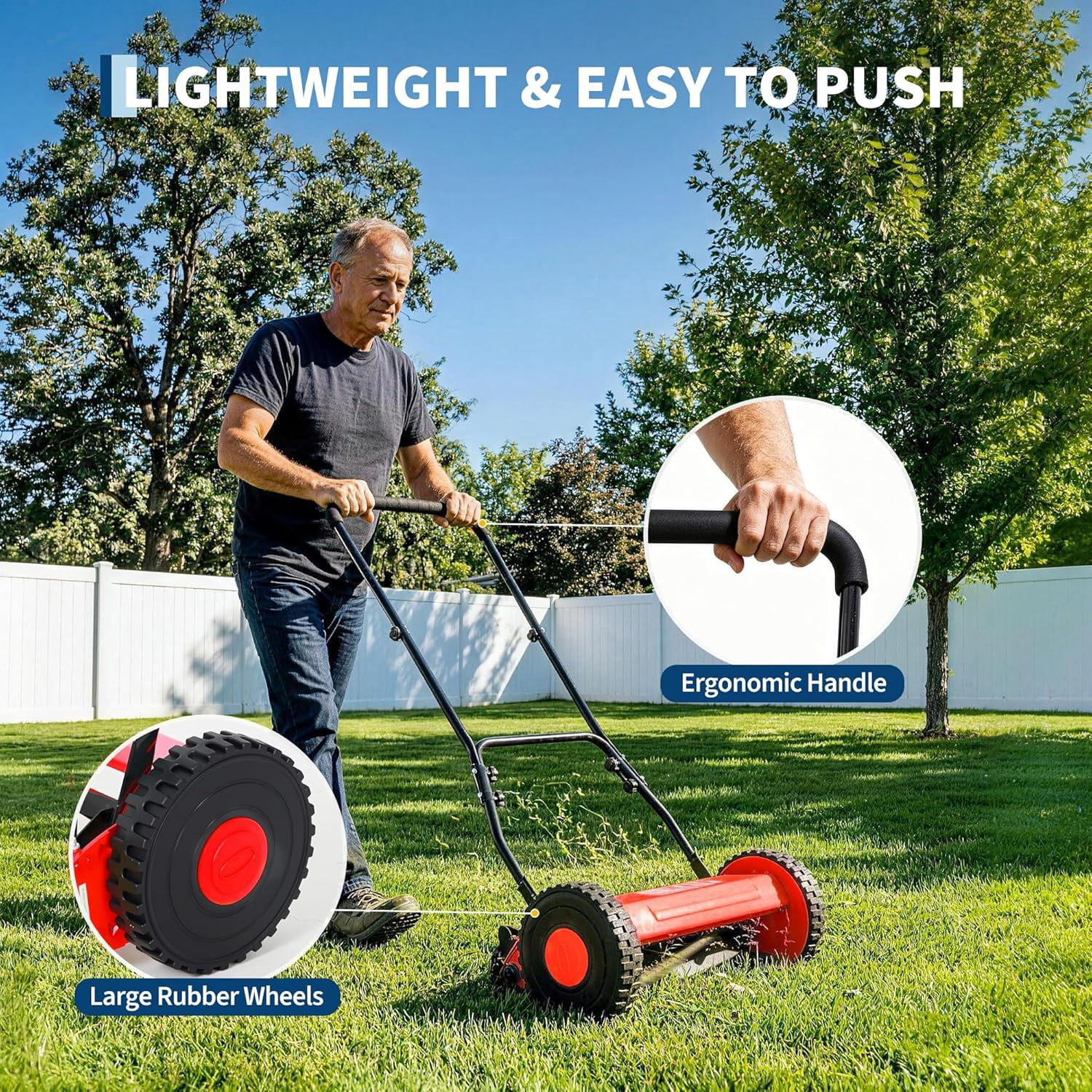 Yartaka 14in Push Reel Lawn Mower, 5-Blade Manual Walk-Behind Mower for Small Yards (Red, 14in) nmy5p