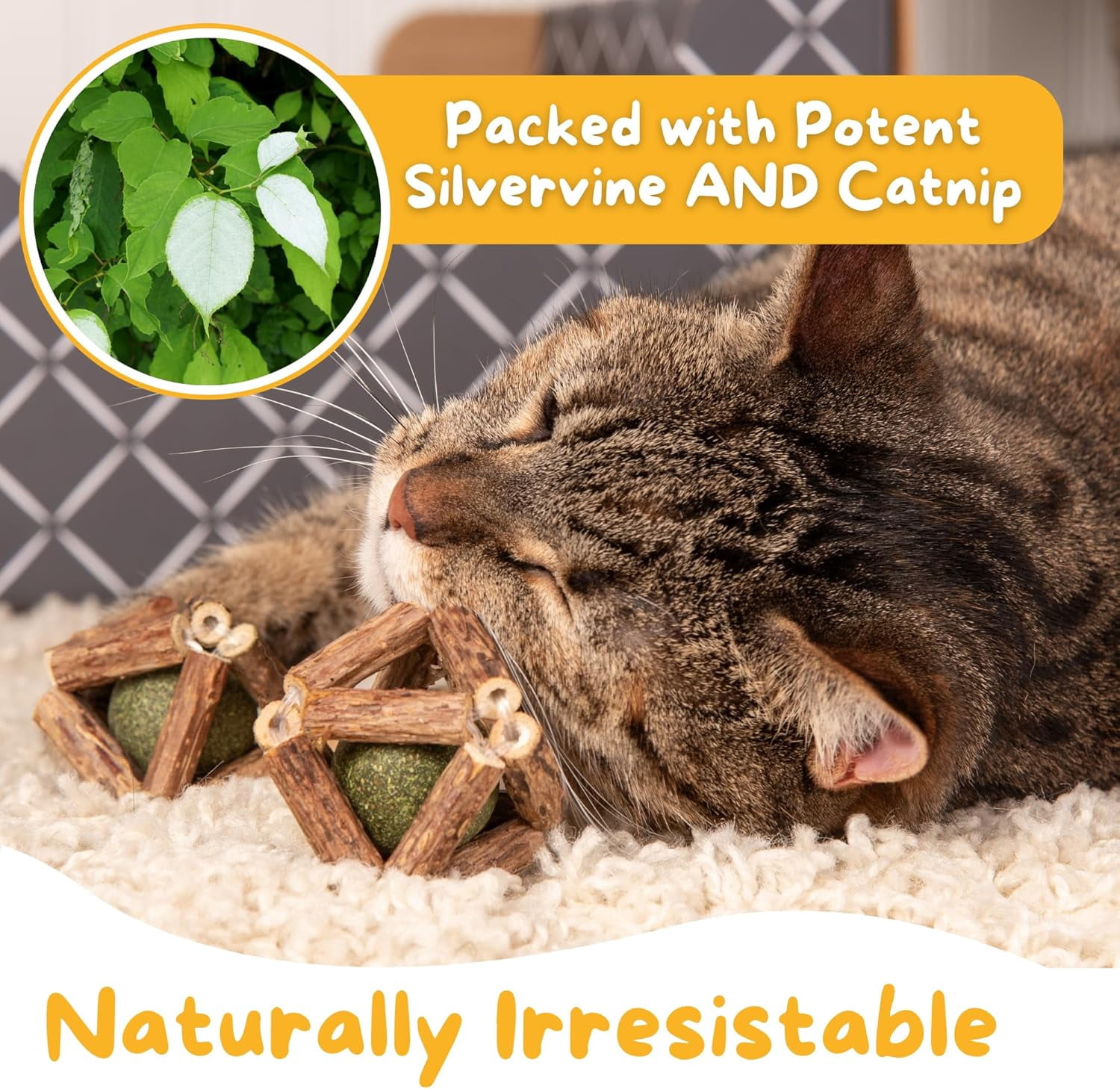 Hide & Scratch Silvervine and Catnip Rattle Ball Toys for Cats (Natural, 3 Pack, 2 in) c273n