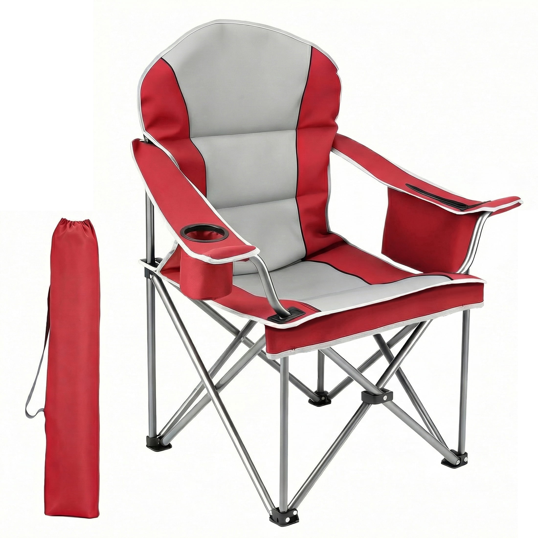 EDX Heavy Duty Camping Chair, Oversized Folding Lawn Chair with Padded High Back and Cup Holder (Red, 500 lb Capacity) rqhyo