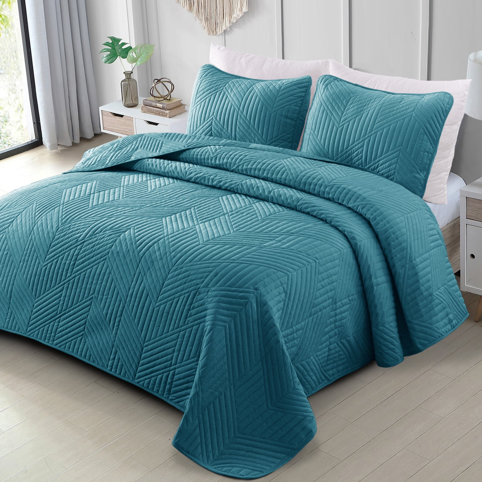 Exclusivo Mezcla Ultrasonic Geometric Quilt Bedding Set (Teal, Full/Queen Size) rhzvl