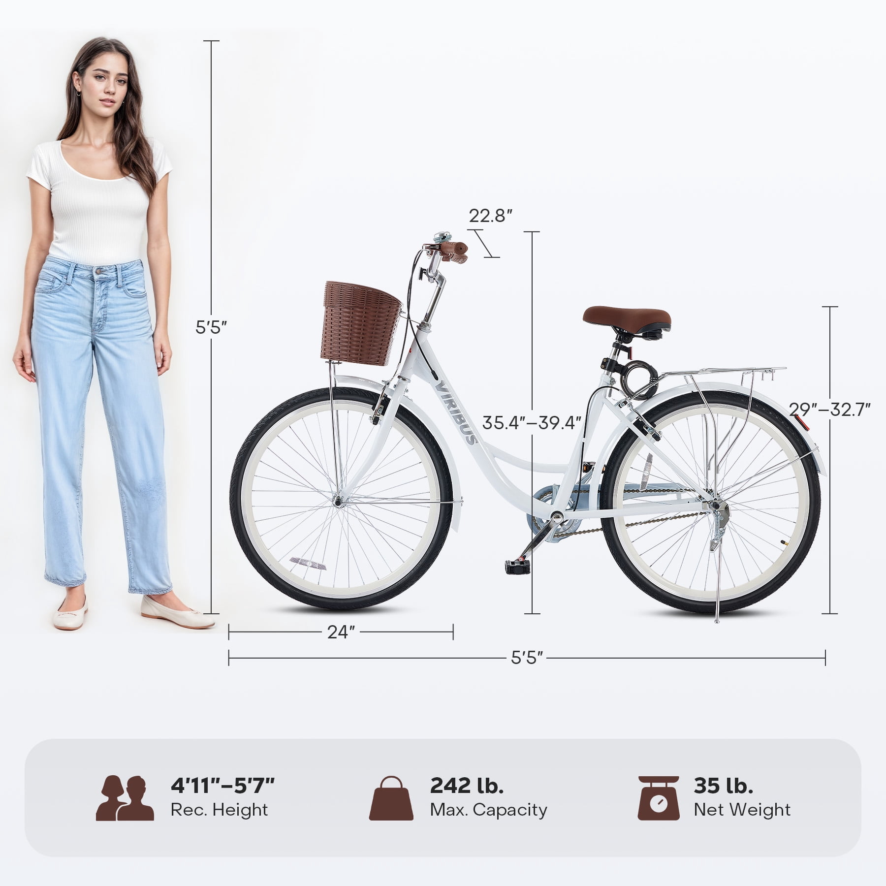 Viribus Women's Comfort Bike 24 in Beach & City Cruiser Bicycle with Basket and Rack (White, 24 in) dx5oj