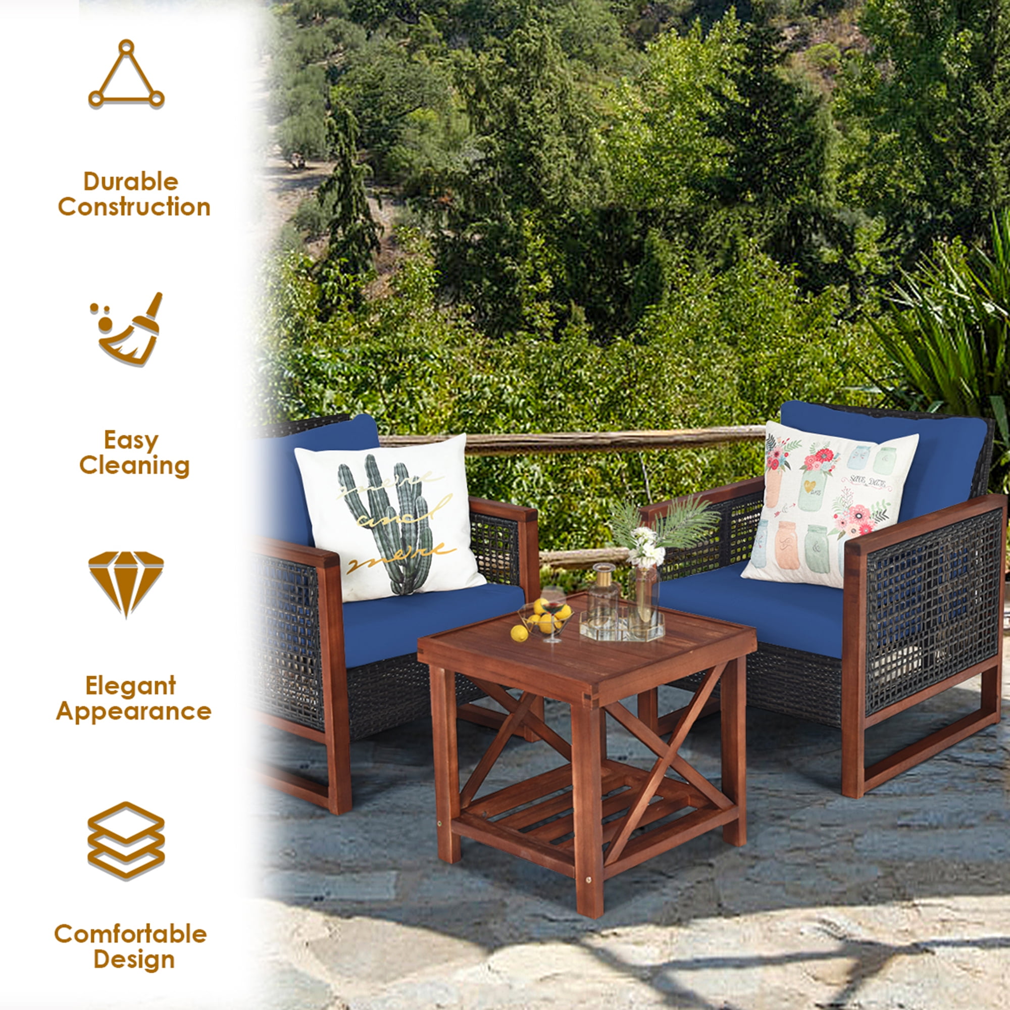 Gymax 3-Piece Rattan Wicker Patio Conversation Set with Navy Cushions (Acacia Wood Frame) 2o7cx
