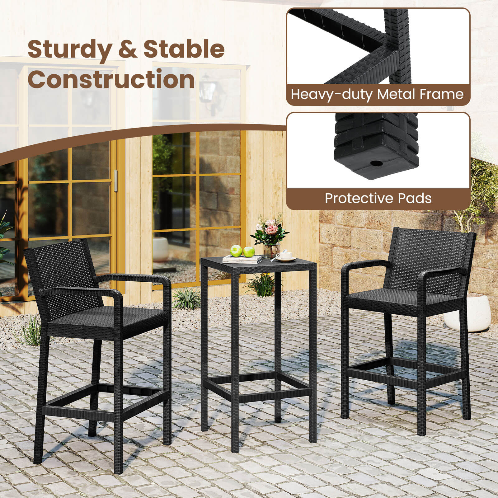 Costway 3-Piece Patio Bar Set with 2 Stools and 1 Bar Table (Black, 3-Piece Set) lf7dt