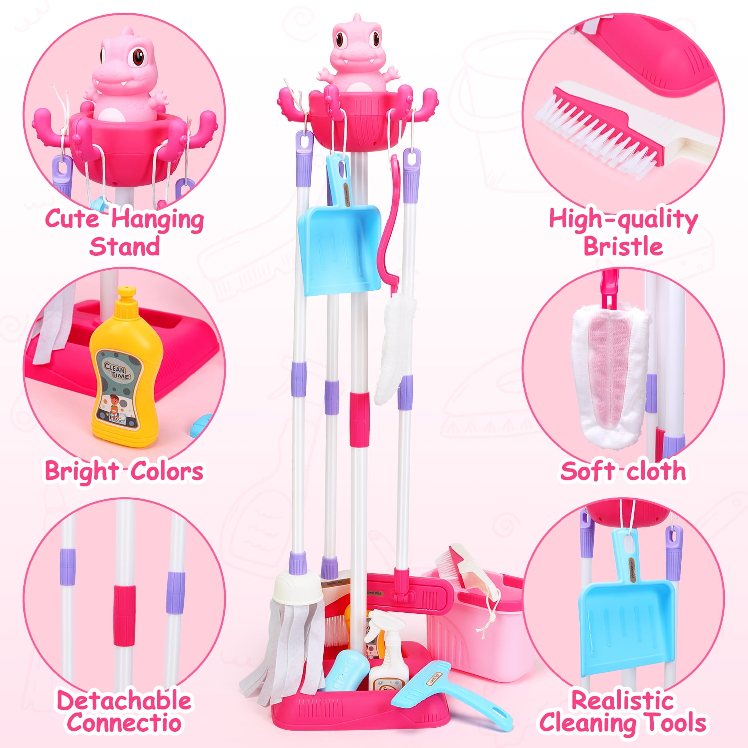 JoyStone 12-Piece Dinosaur Kids Cleaning Set, Pretend Play Housekeeping Kit for Toddlers (Pink, 12-Piece Set) uadep
