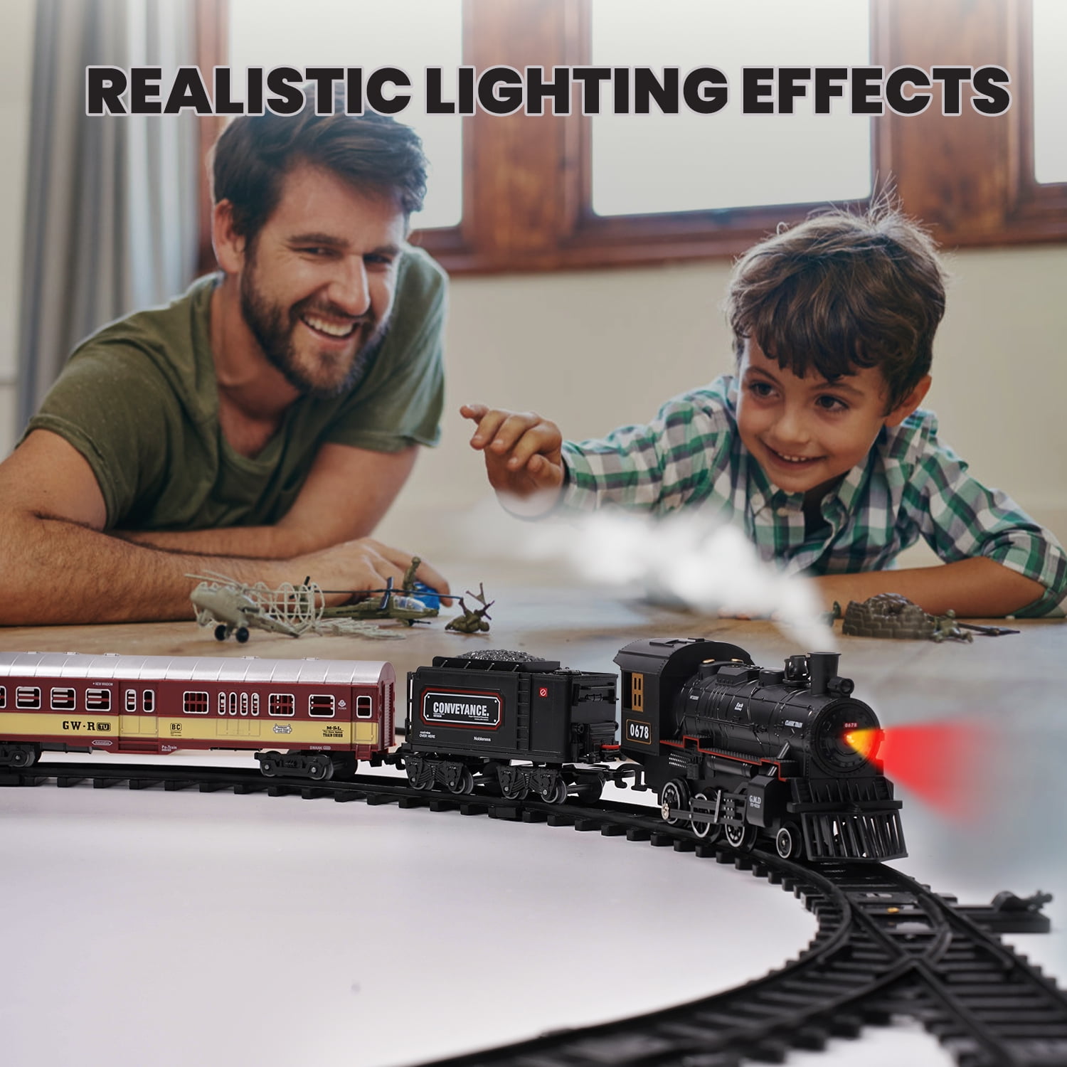 AUOSHI Electric Train Set with Remote Control, Steam Locomotive Engine with Lights, Sounds, and Smoke (71 in x 31 in) icsl7
