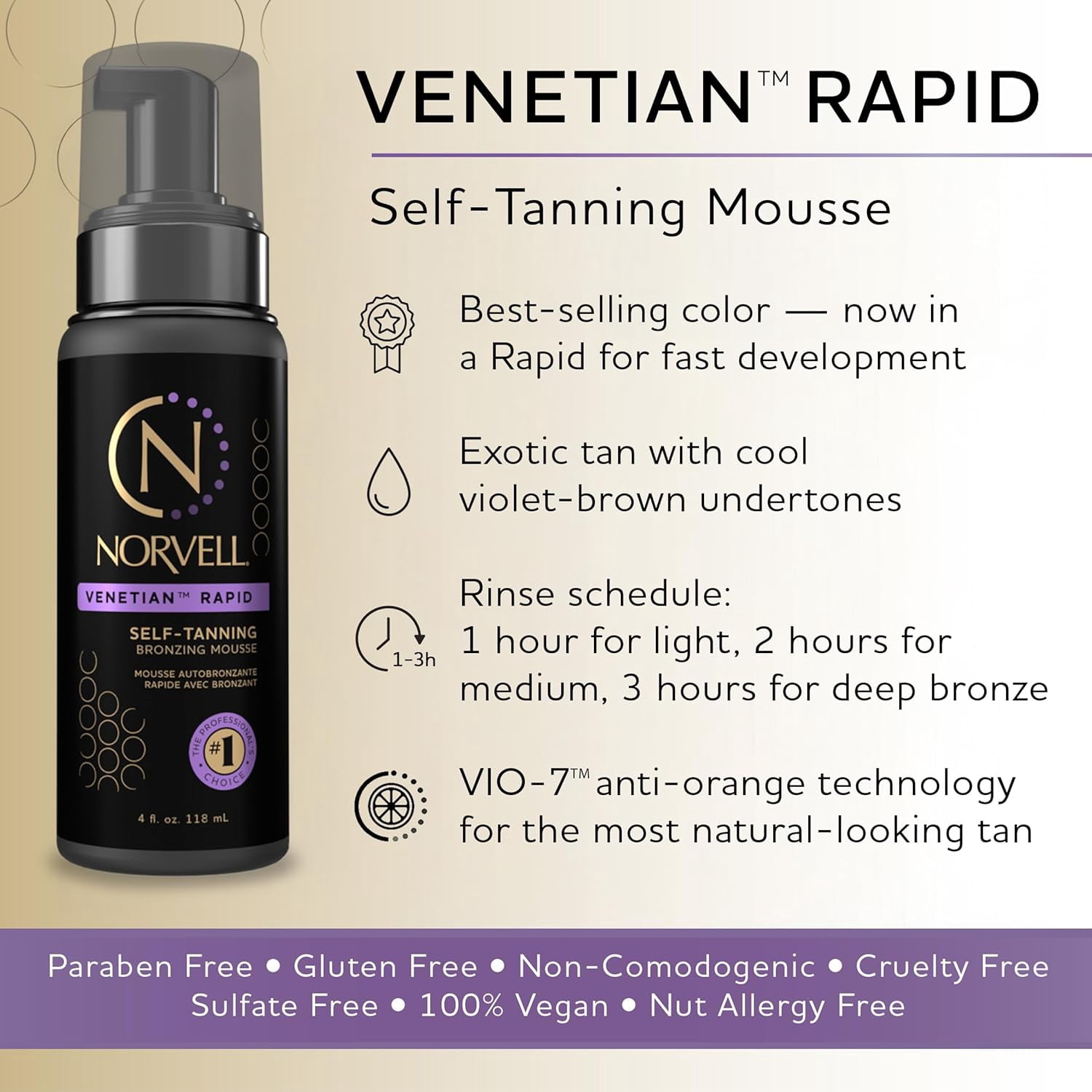 Norvell Venetian Self-Tanning Rapid Mousse, Violet Undertone Bronzer for Face and Body (4 fl oz) e2es4