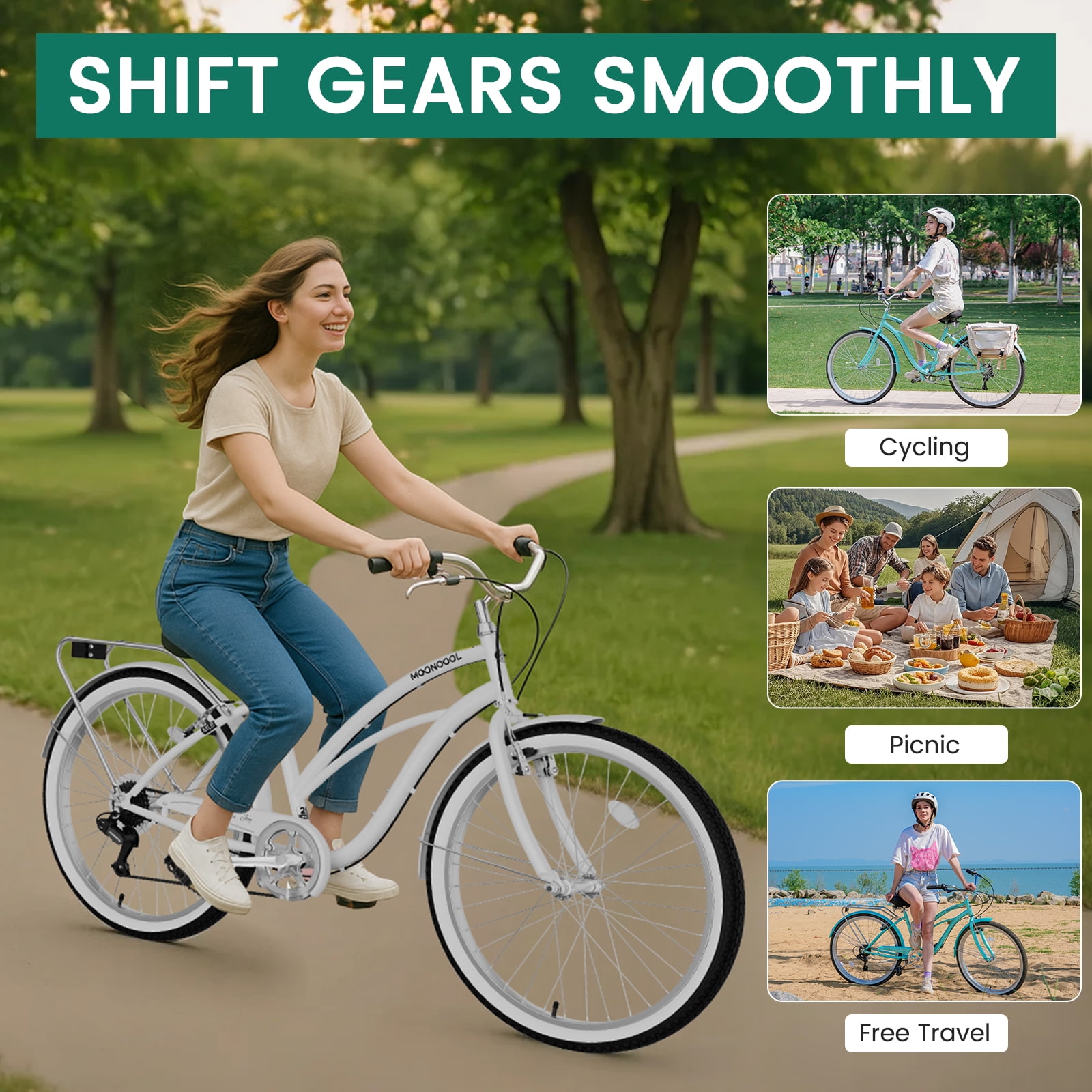 MOONCOOL 7-Speed Beach Cruiser Bike, Step-Through Frame Commuter Bicycle with Cargo Rack (White, 26 in) 89y2i