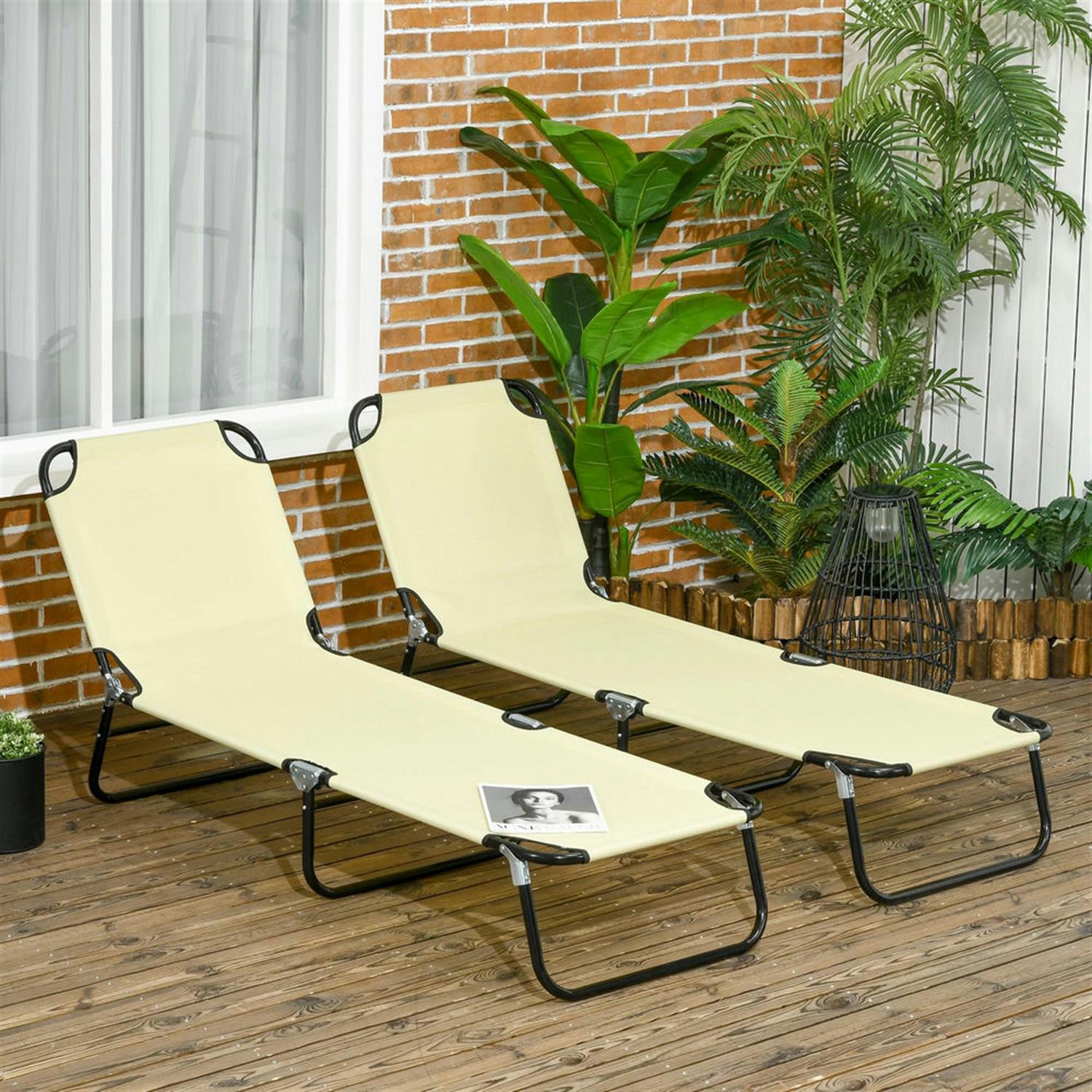 Demi Bonn 2-Piece Outdoor Collapsible Chaise Loungers, 5-Position Reclining Folding Beach Chairs with Steel Frame (Beige, 2-Pack) sducn