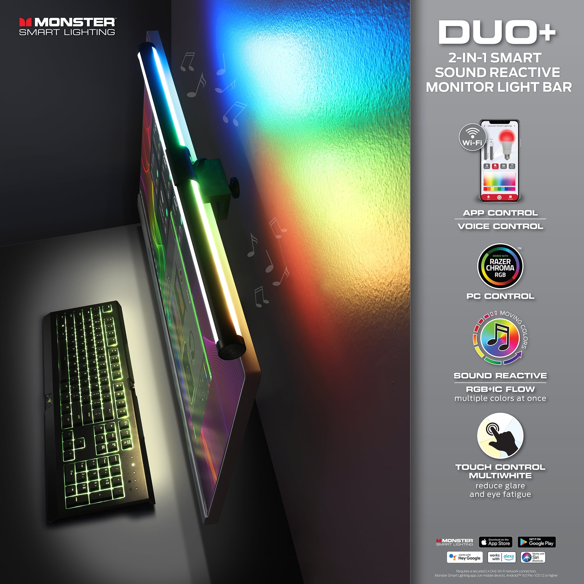 Monster LED Duo Monitor Light Bars with Smart Color Control and Razer Chroma Sync (RGB, 18.80 in) cxhlw
