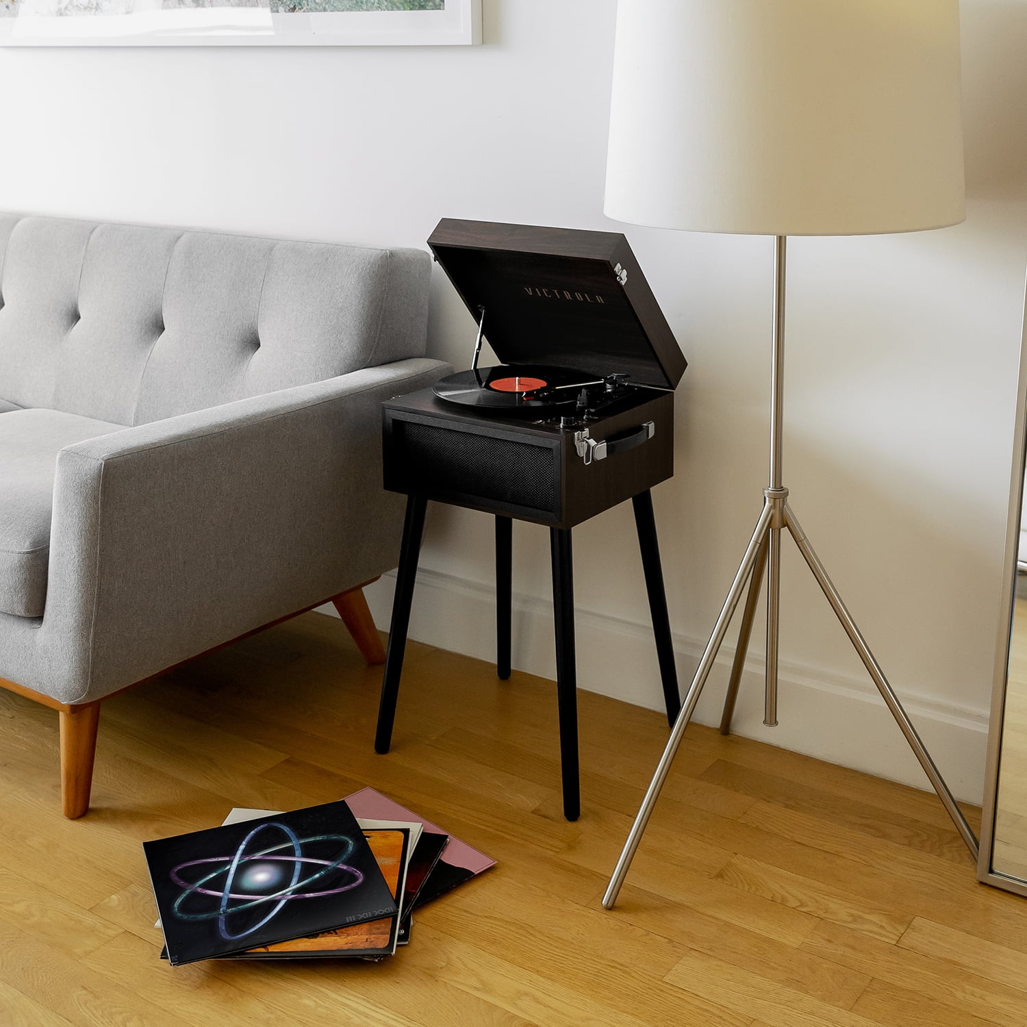 Victrola Liberty Bluetooth Record Player 3-Speed Turntable with Stand (Brown, 17.1 in x 15.7 in x 11 in) 7dp6p