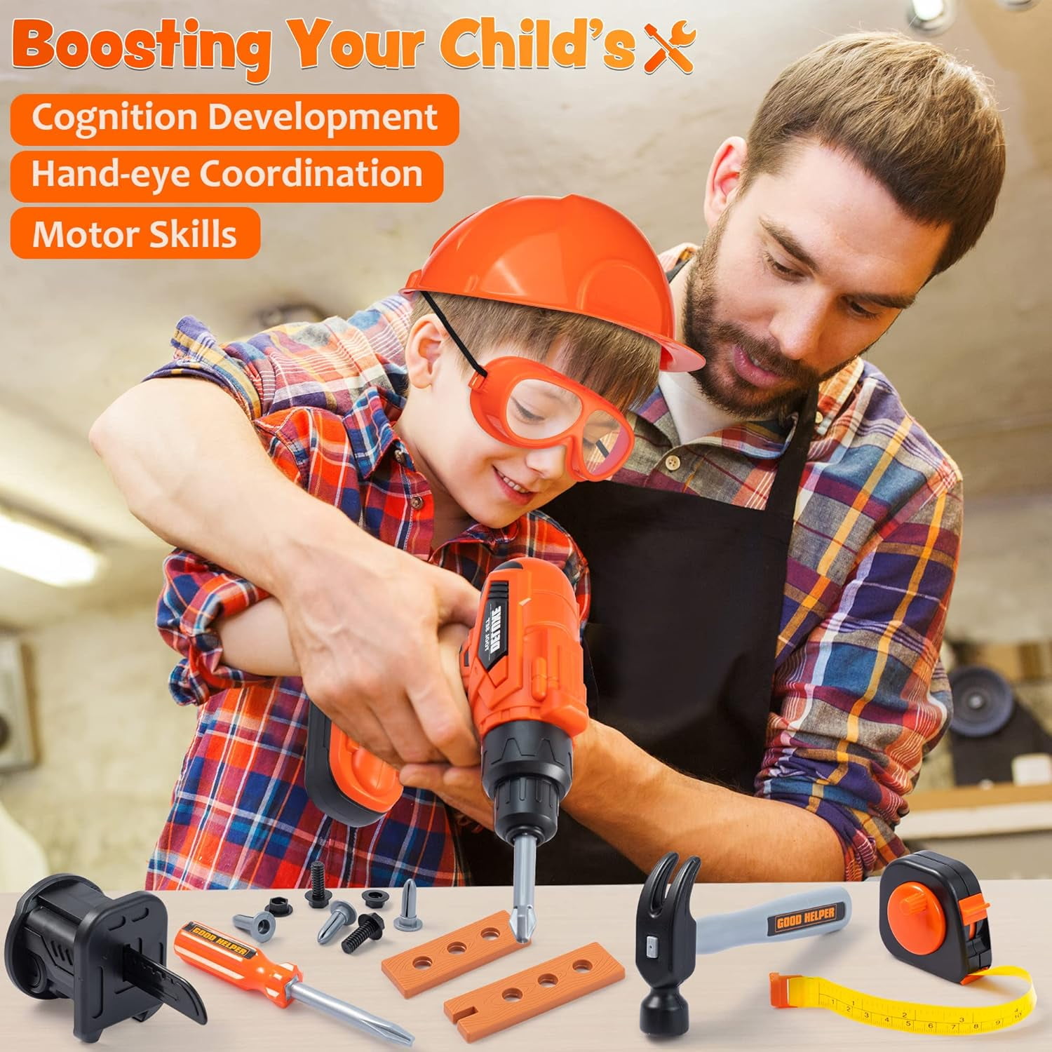 Joyfy 32-Piece Construction Tool Pretend Play Set with Electronic Toy Drill and Backpack (Orange, 32 Pieces) ta8me