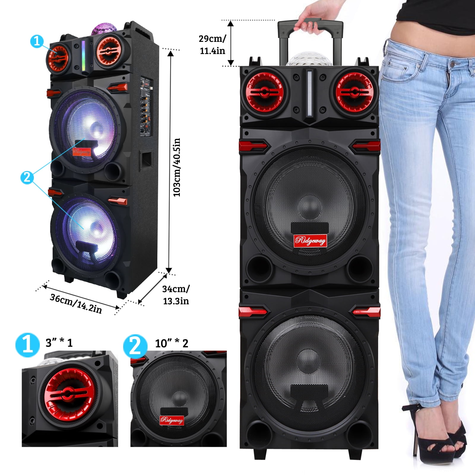 CURUK Dual 10 in Bluetooth Party PA Speaker System with LED Lights, Karaoke Mic, and Remote (Black) dcvev
