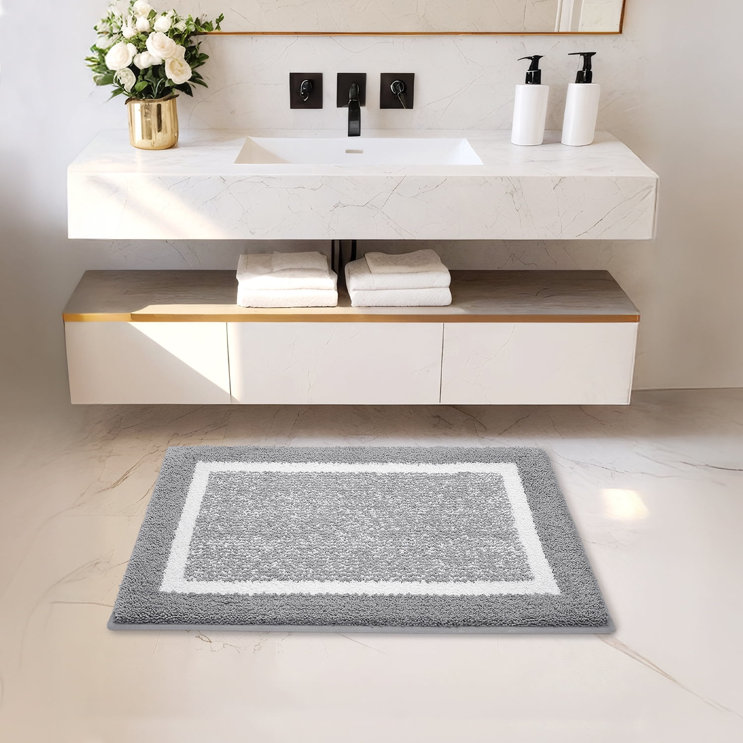 PABUBE Microfiber Shag Bathroom Rug, Non-Slip Absorbent Bath Mat for Shower and Tub (Grey and White, 16 in x 24 in) ya2x8