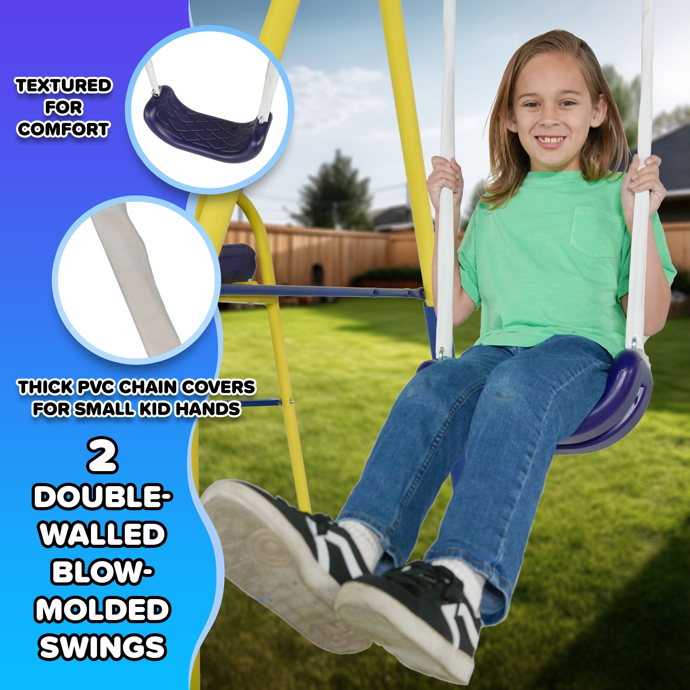 Sportspower Palmview Metal Swing Set with Teeter-Totter, Standing Swing, and 5 ft Slide (Blue) a4h6a