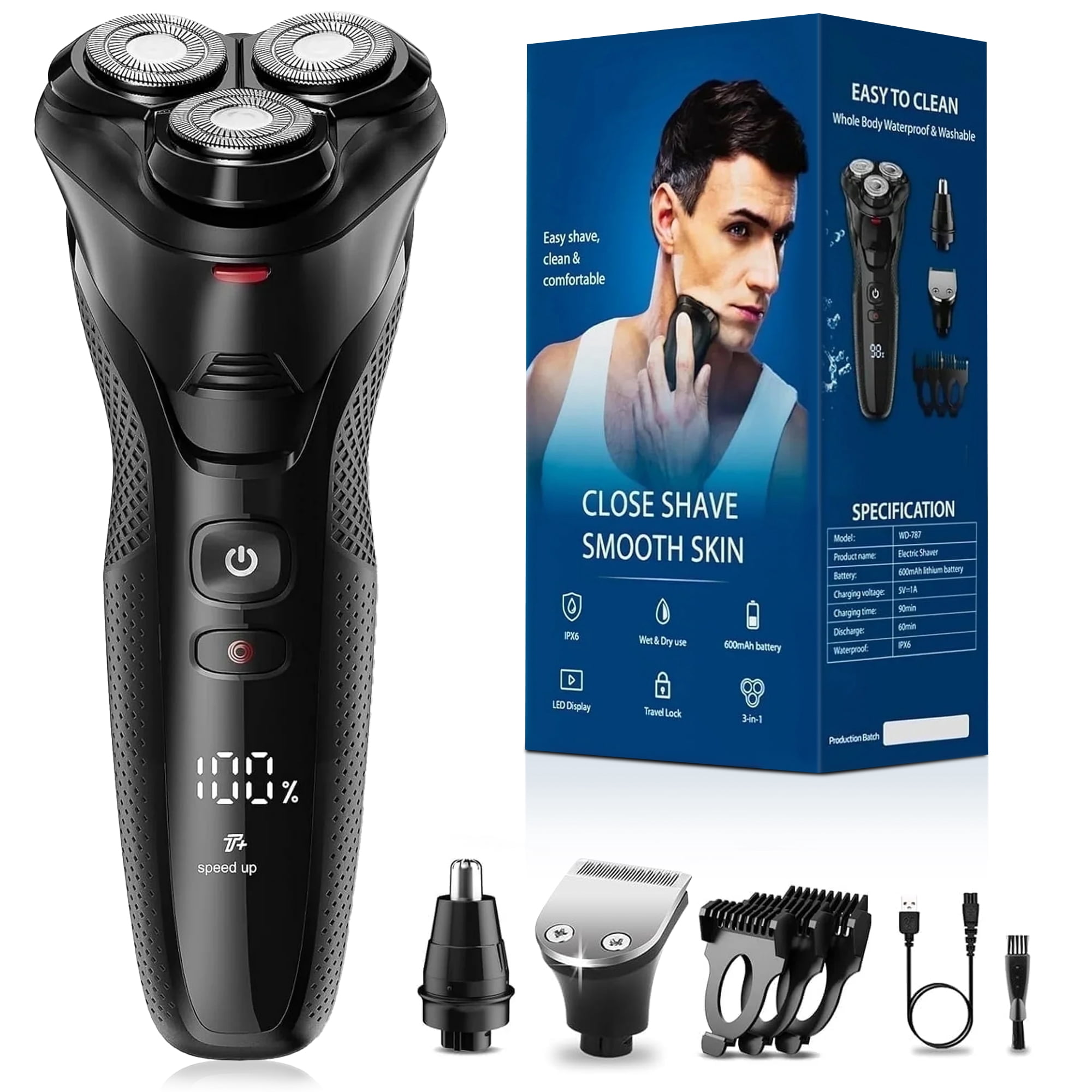 Nogroa Electric Shaver for Men, 3-in-1 Cordless Grooming Kit, Waterproof Wet Dry Beard and Nose Hair Trimmer (Black, 1 Count) pvkkn
