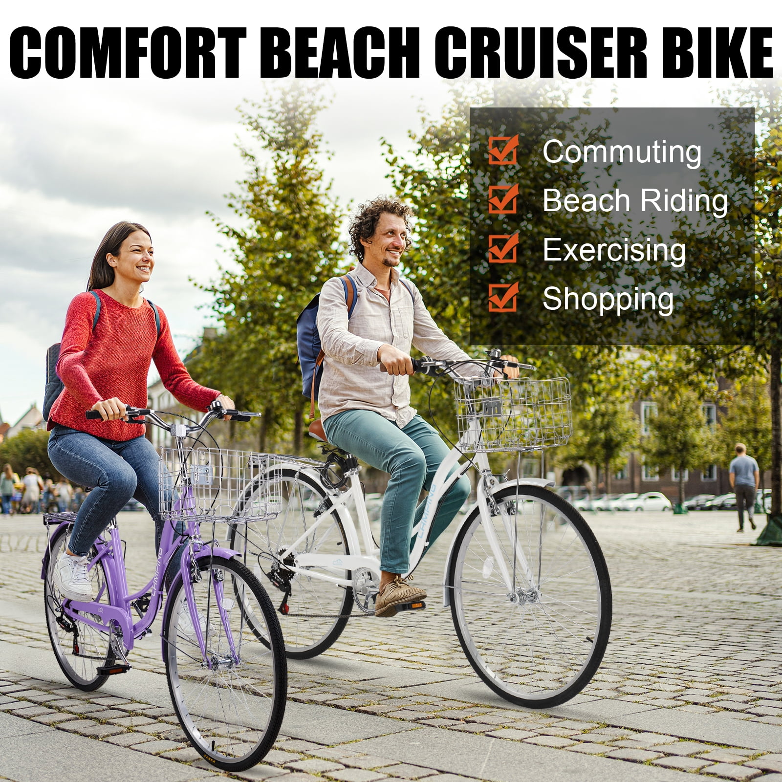 Ktaxon 26 in Women's 7-Speed Cruiser Bike, Step-Through City Bicycle with Basket and Rear Rack (White, 26 in) 3ajqc