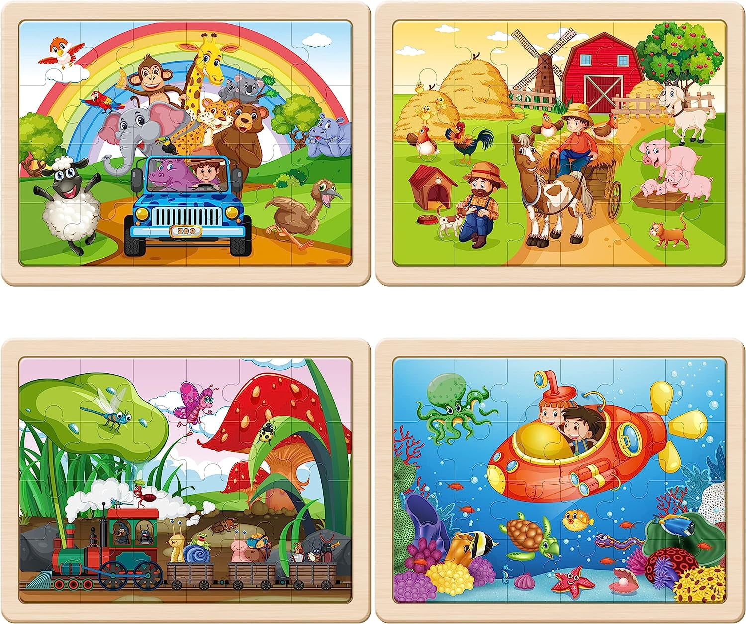 SYNARRY Wooden Animal Jigsaw Puzzle Set, Educational Preschool Learning Toy (4-in-1 Gift Box, 96 Total Pieces) ku3df