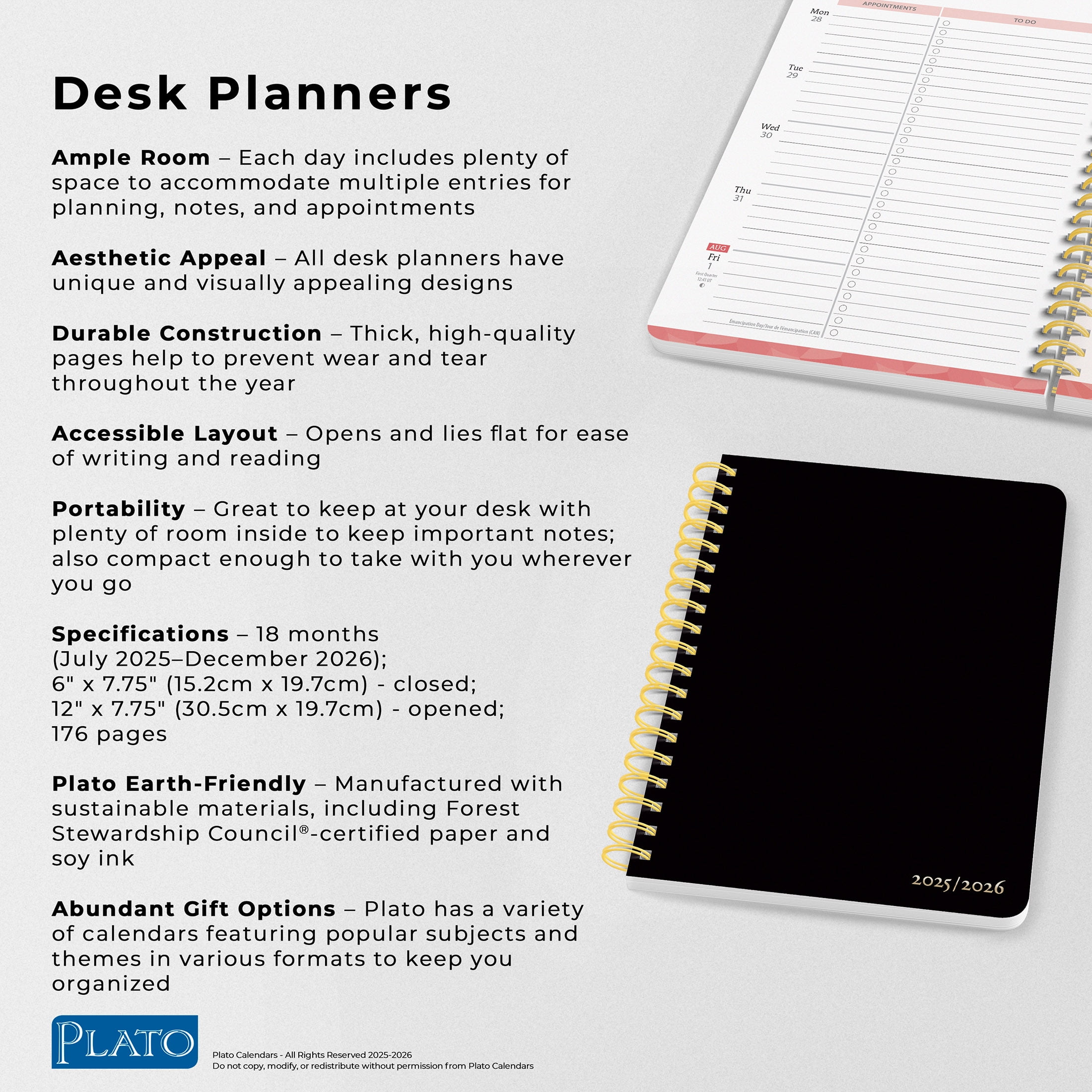 Plato Weekly Academic Desk Planner, 18-Month Organizer, July 2025 - December 2026 (Black, 6 in x 7.75 in) h7ds4