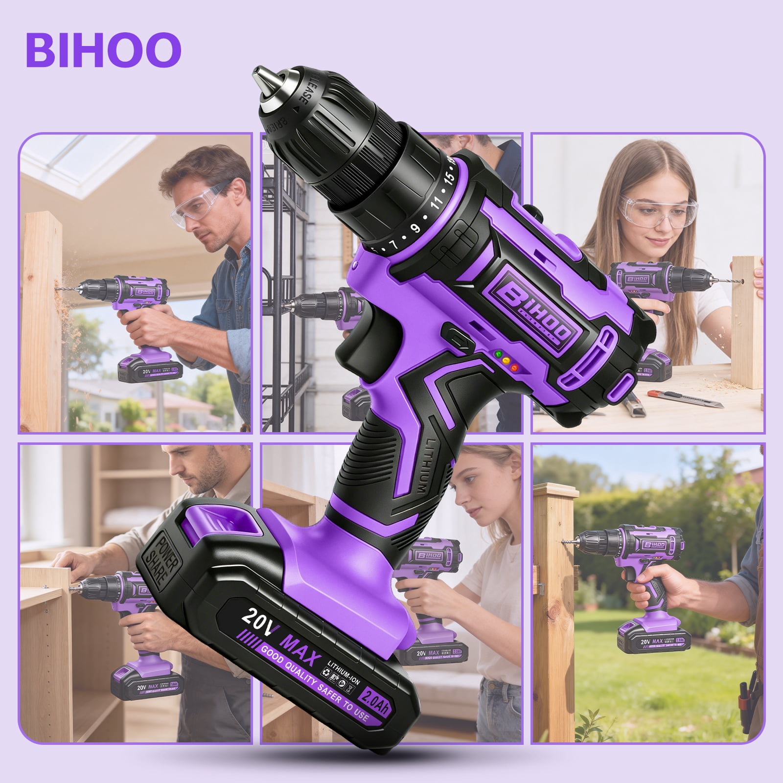 Loonpon 20V Cordless Power Drill Set with Battery and Charger (Purple, 3/8-Inch Chuck) yx8e0