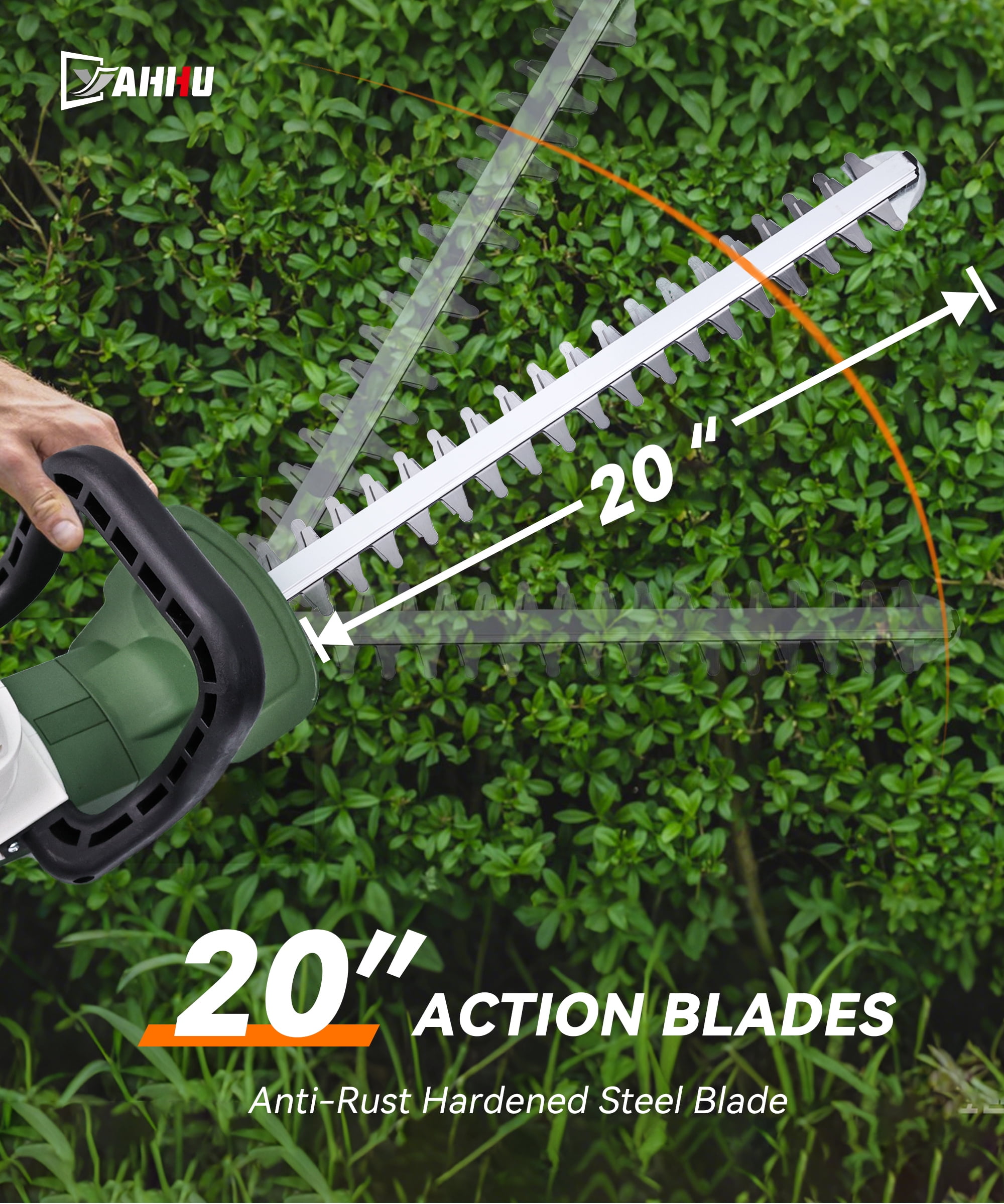 YAHHU Cordless Electric Hedge Trimmer, 20 in Dual-Action Blade, 21V Battery & Charger Included lvtuh