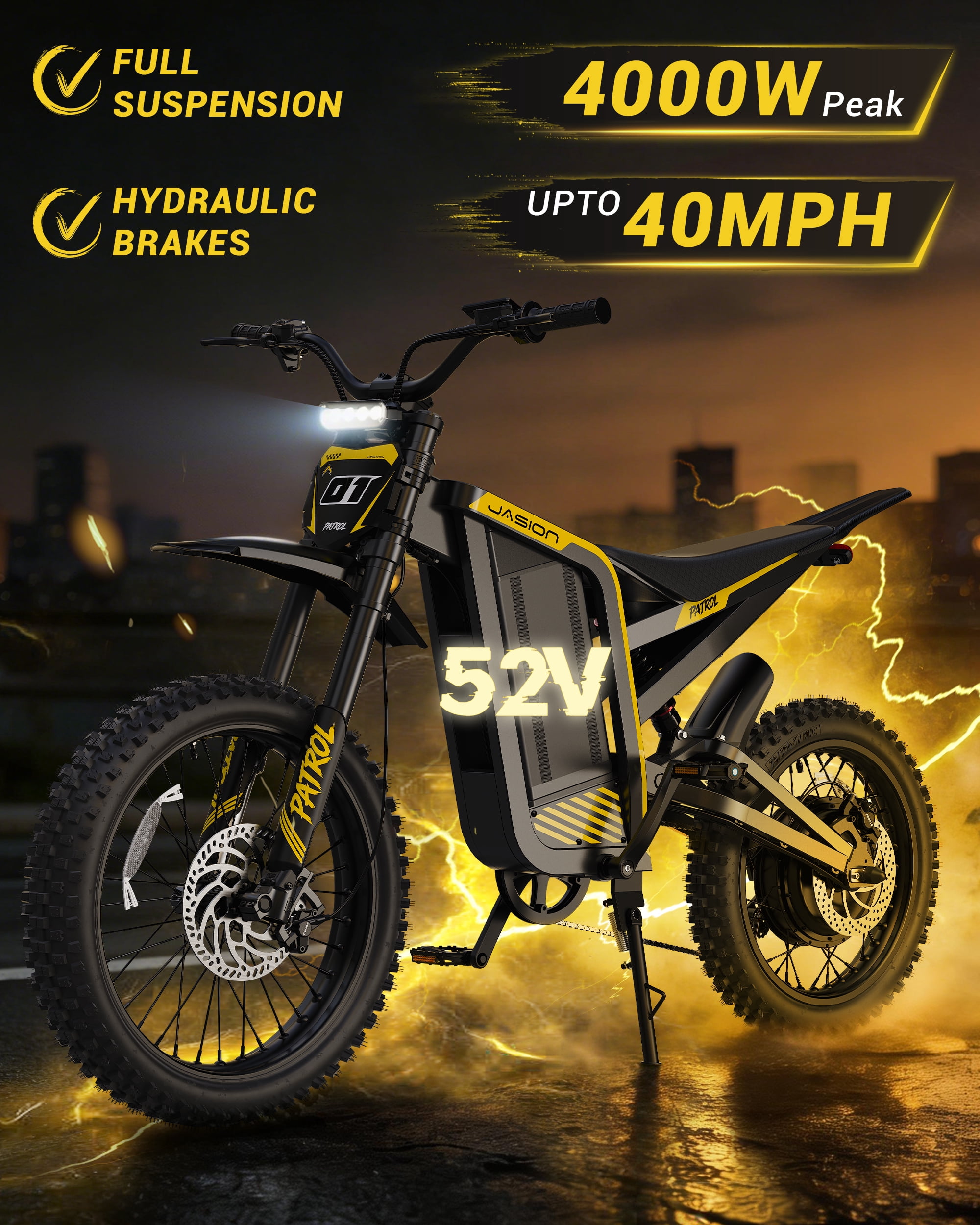 Jasion Patrol Electric Dirt Bike for Adults, 4000W Peak Motor, 52V 30Ah Battery, Fat Tire Off-Road E-Motorcycle (Yellow, 19 in/17 in) 3r5vd