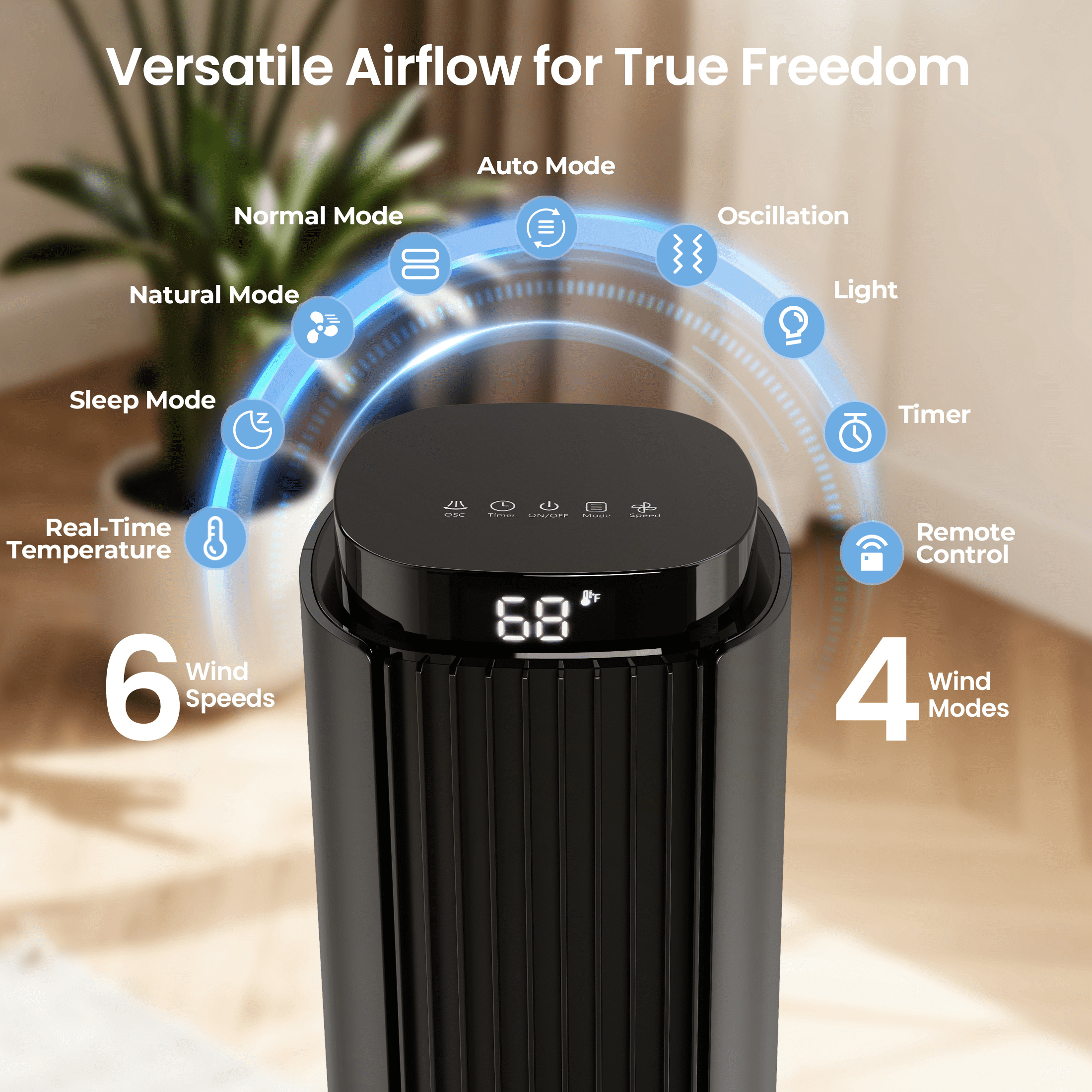 KissAir 37 in Tower Fan with Remote, 6 Speeds, 90 Degree Oscillation, Quiet Bladeless Cooling for Home and Office (Black, 37 in) 28axd