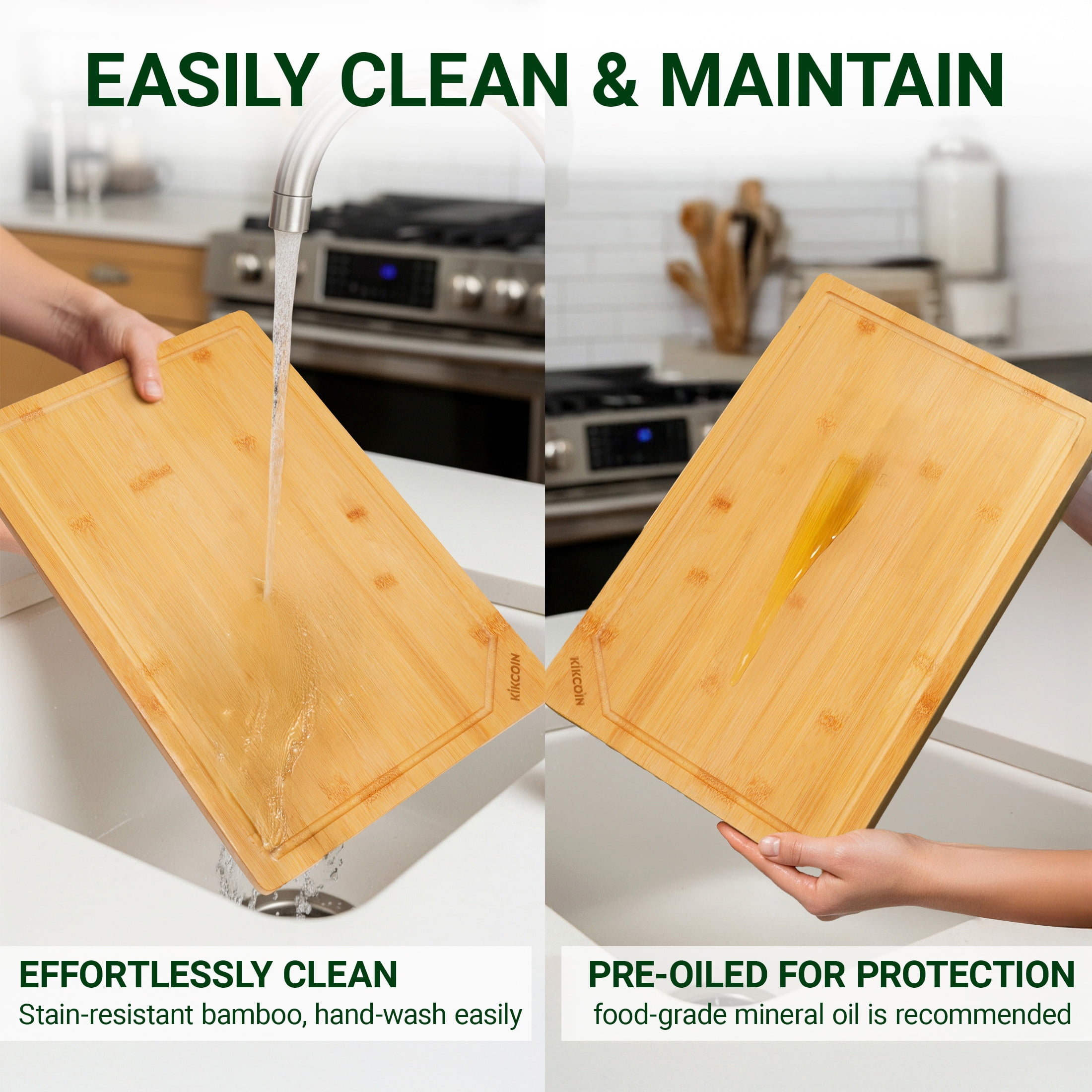 Kikcoin Bamboo Cutting Board for Kitchen, Reversible with Deep Juice Groove and Built-in Handle (17.1 in x 11.4 in) m0vsr