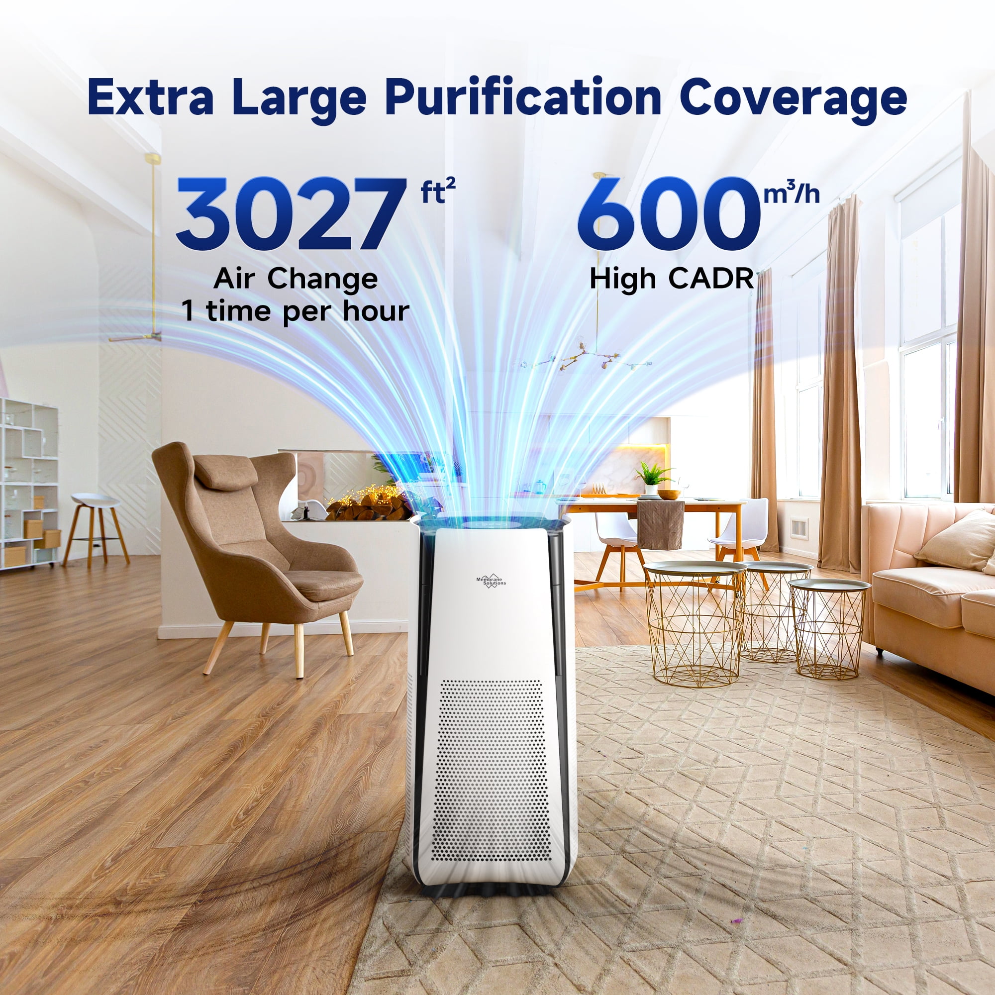 Membrane Solutions MS601W Smart Air Purifier with True HEPA Filter for Large Rooms (White, 3027 sq ft) z7jdu