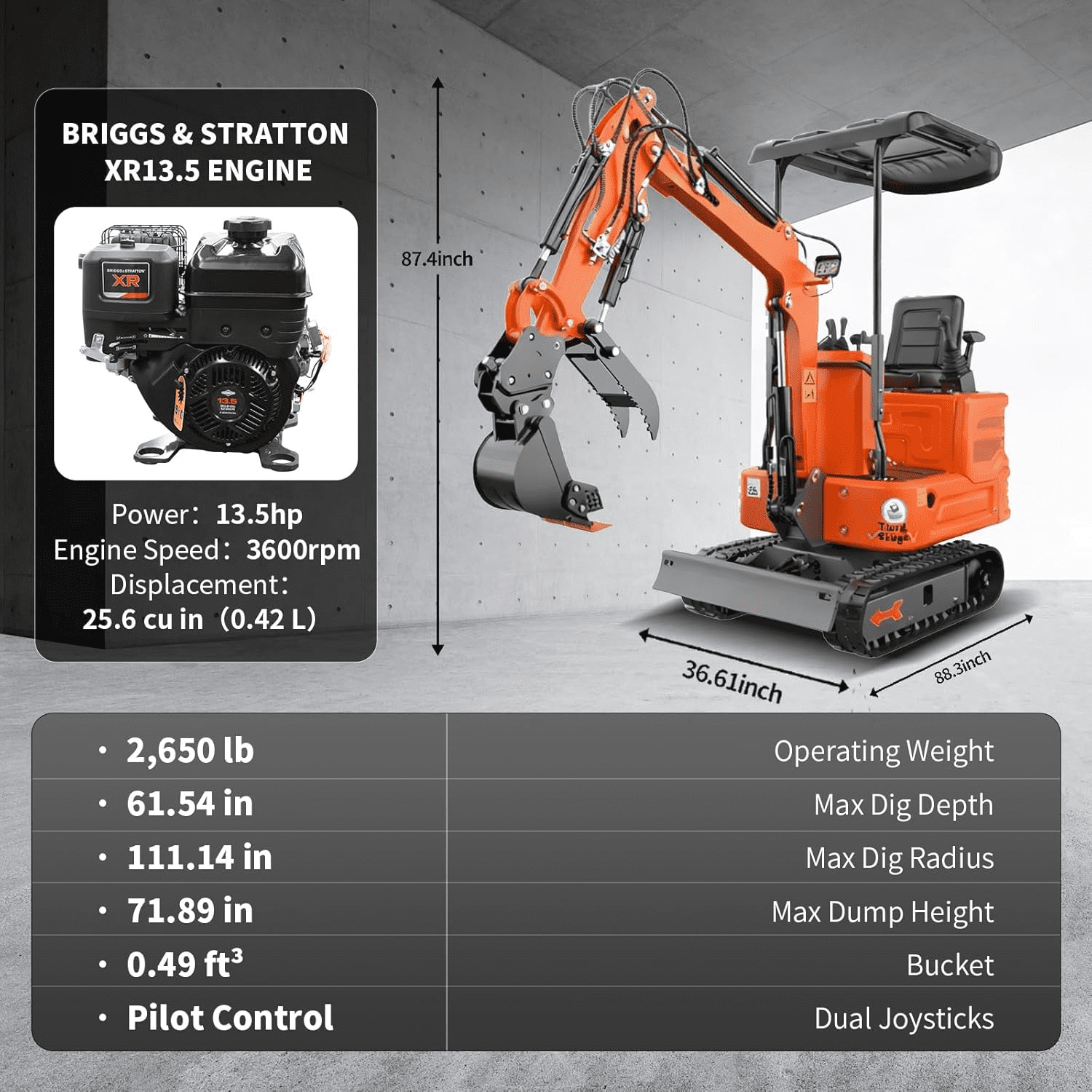 DigMaster 1.2 Ton Mini Excavator with 13.5 HP Gasoline Engine and Hydraulic Thumb (Orange, 2650 lb) diey3