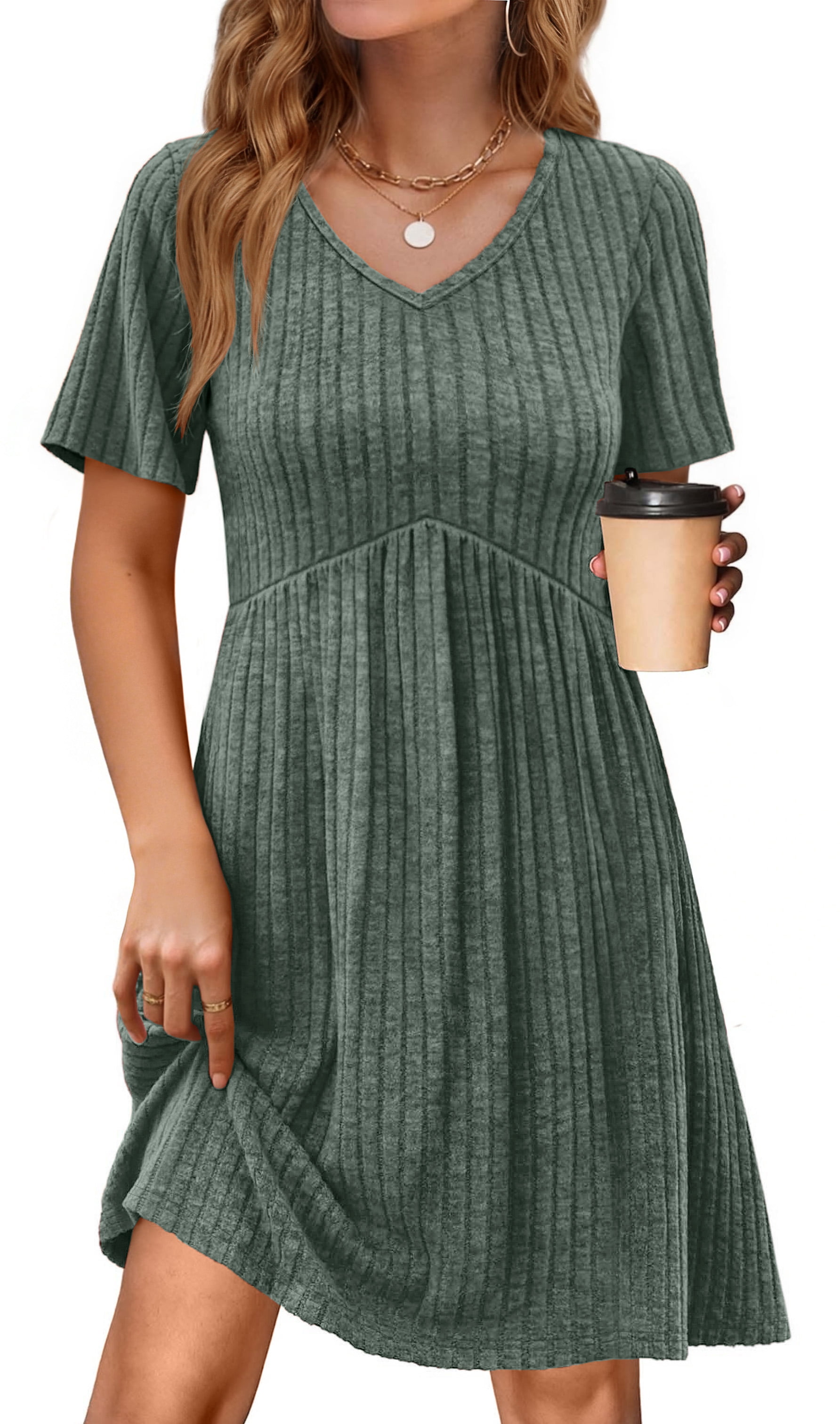 Fantaslook Women's V-Neck Midi Dress Short Sleeve Empire Waist Casual Tunic with Pockets (Green, L) 4ck2p
