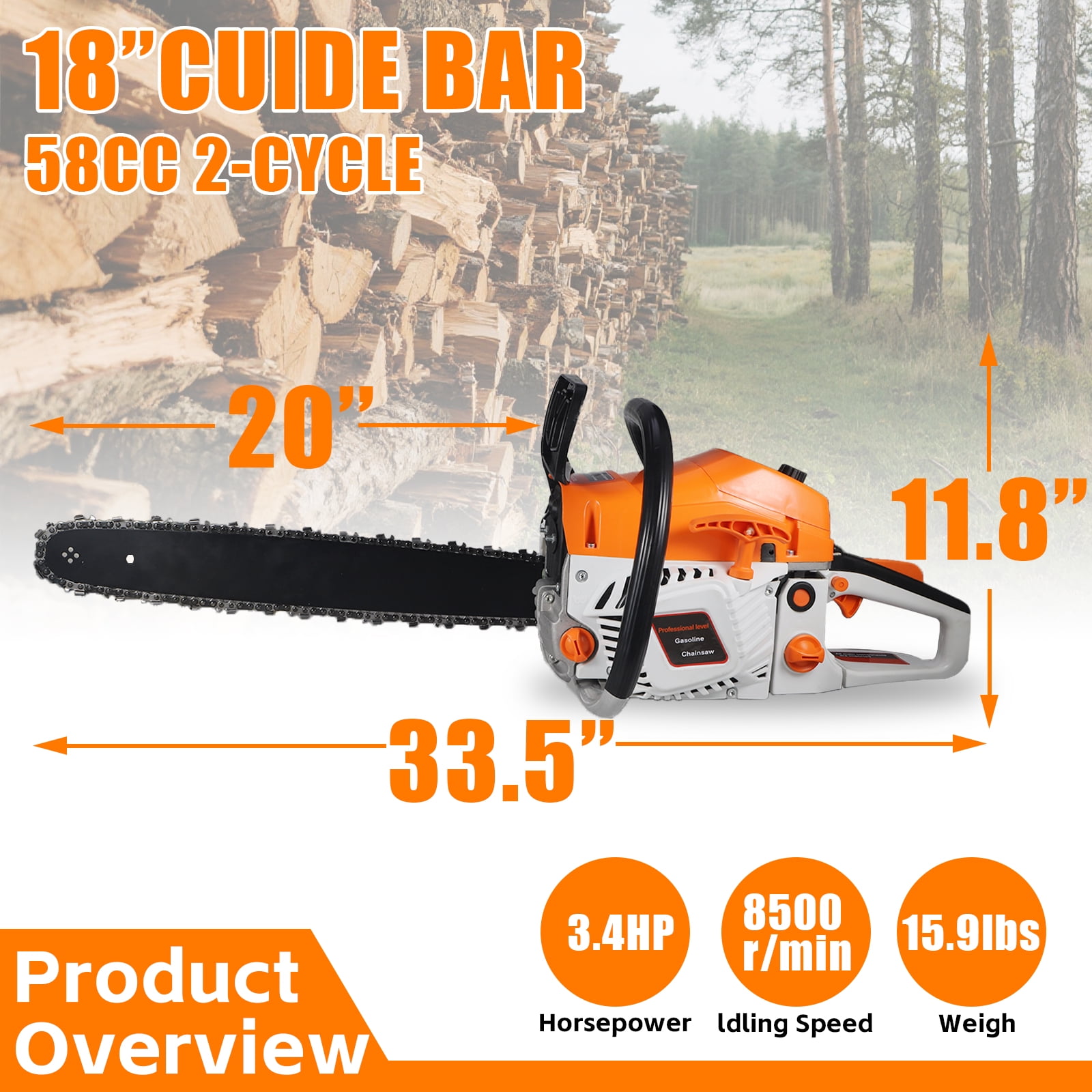KingFurt 58CC Gas Chainsaw, 18 Inch Power Chainsaw for Tree Cutting and Landscaping (Orange, 18 in) ntz1k