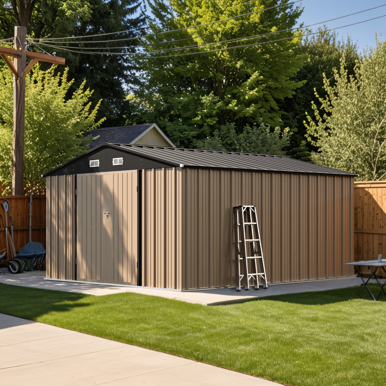 Patiowell Metal Outdoor Storage Shed, Weather-Resistant Garden Tool Organizer with Lockable Double Doors (Brown, 10x12 ft) la605