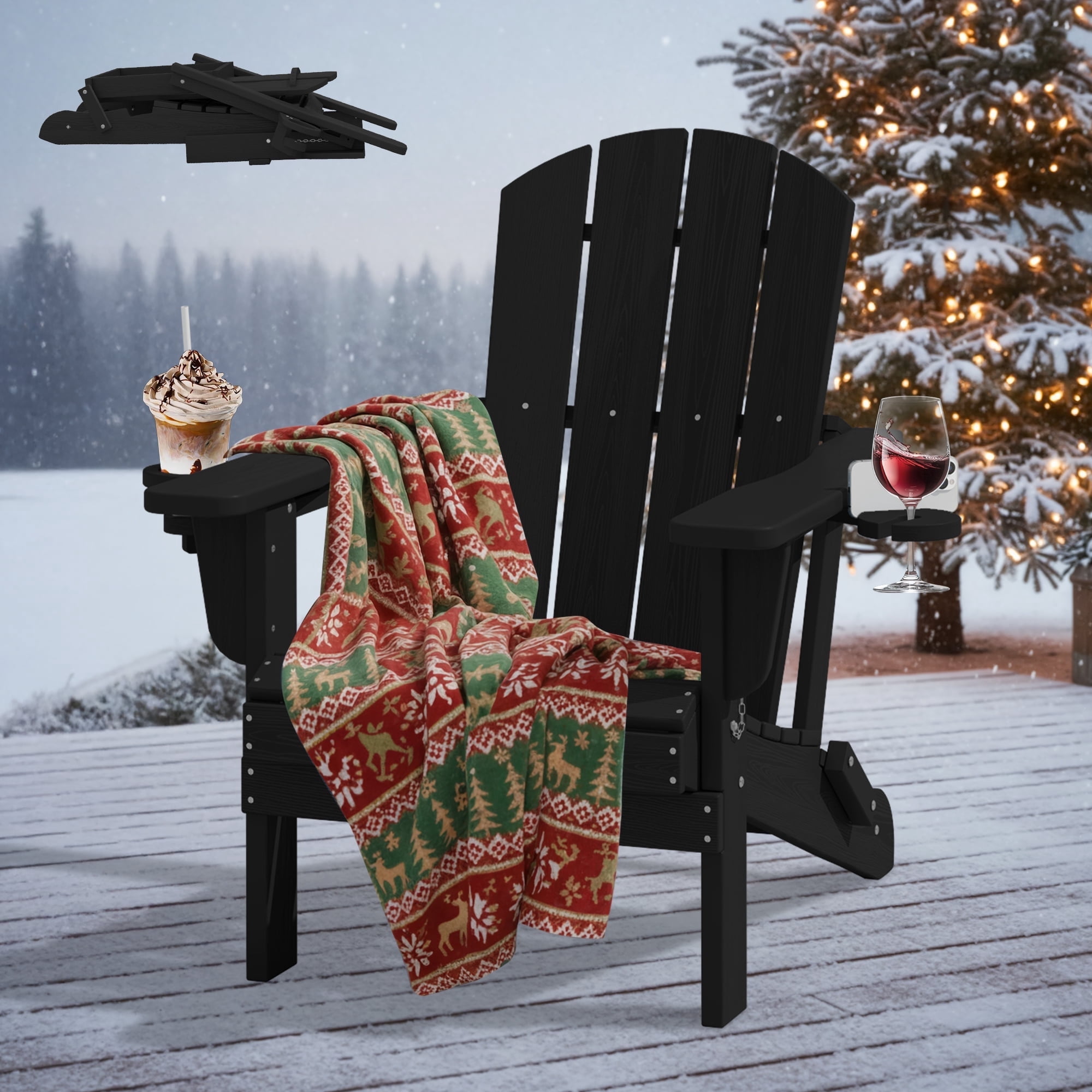 SERWALL Folding Adirondack Chair Set, All-Weather HDPE Patio Furniture with Cup & Phone Holders (Black, 32.5 in x 29.3 in x 35.8 in) ps3gb