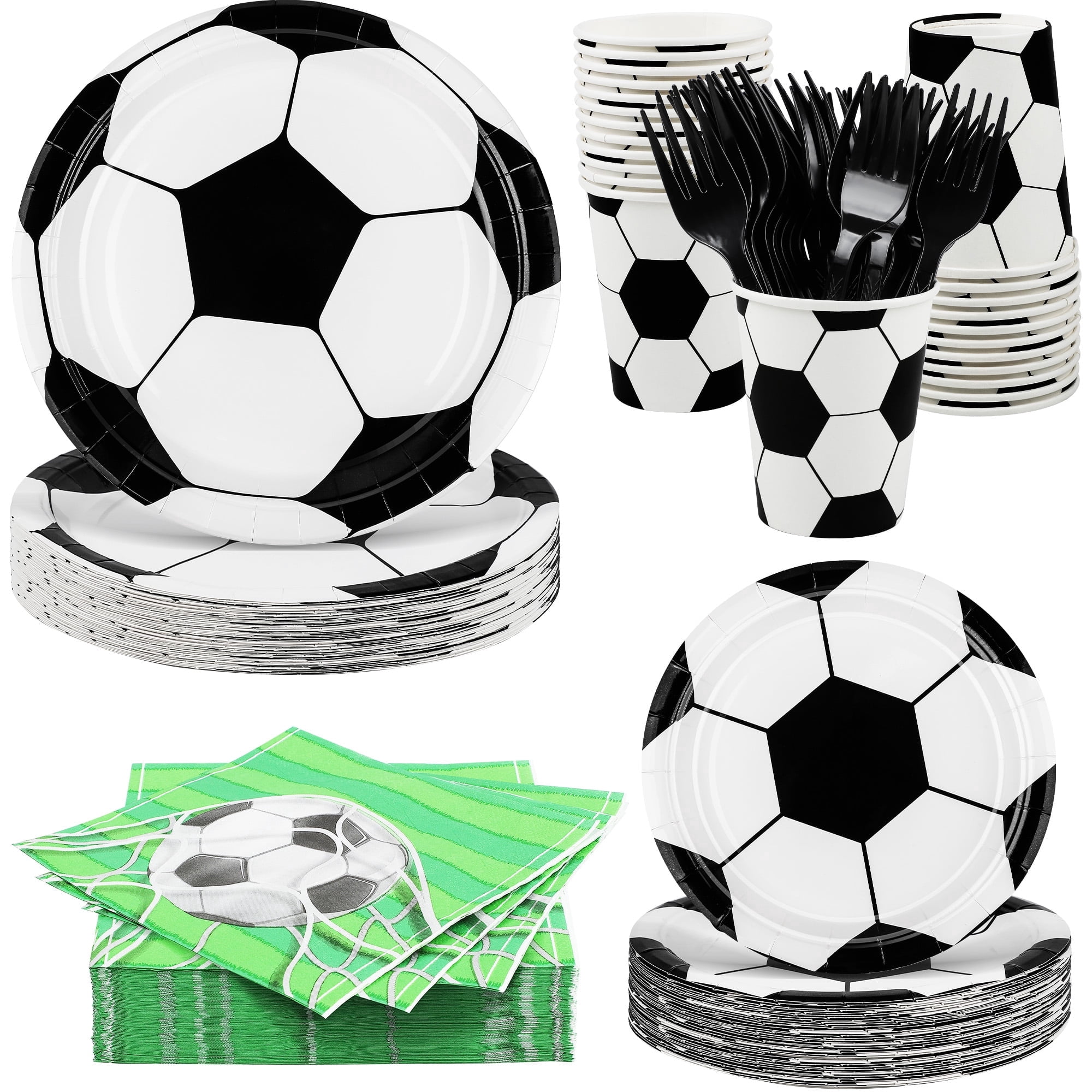 Elcoho Soccer Party Supplies Tableware Set for 24 Guests, Disposable Plates, Cups, Napkins, and Forks (Black, 144 Pieces) xbbof