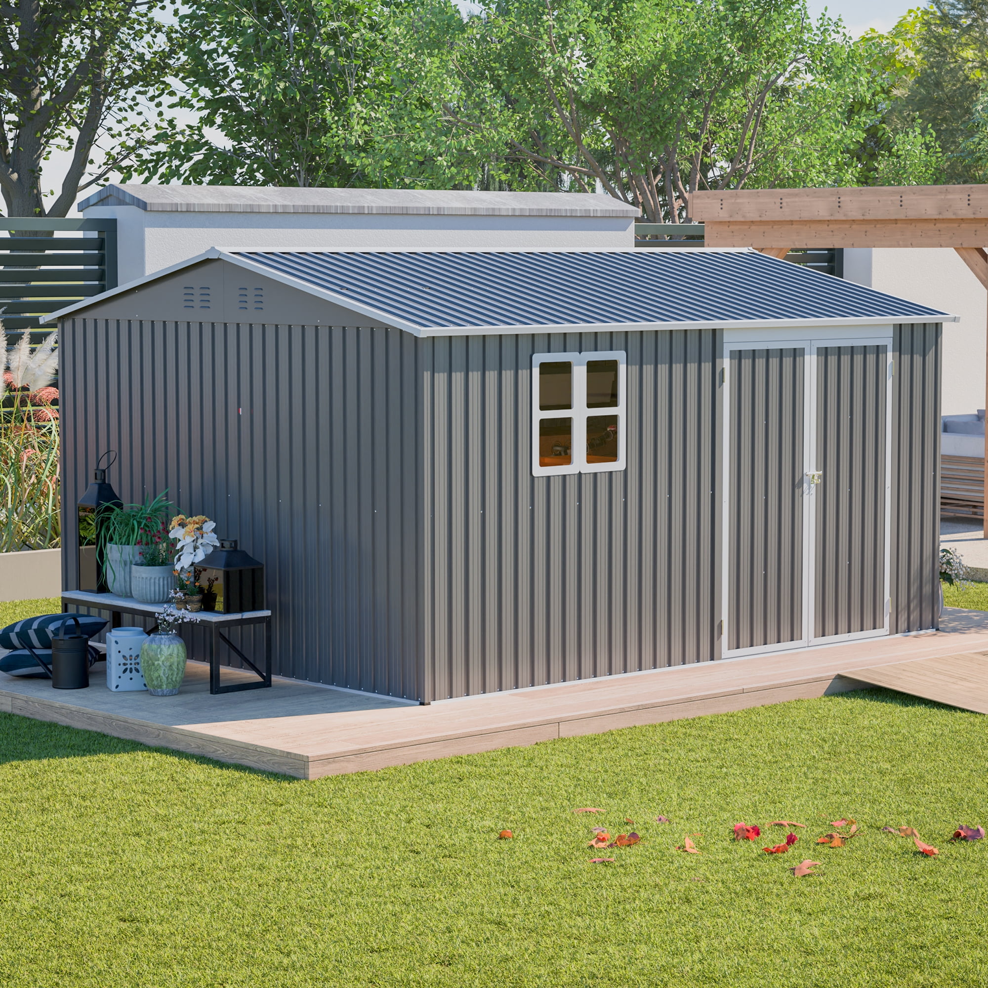 LZBEITEM 12 ft x 10 ft Outdoor Storage Shed with Floor Frame and Window (Gray) 137l9