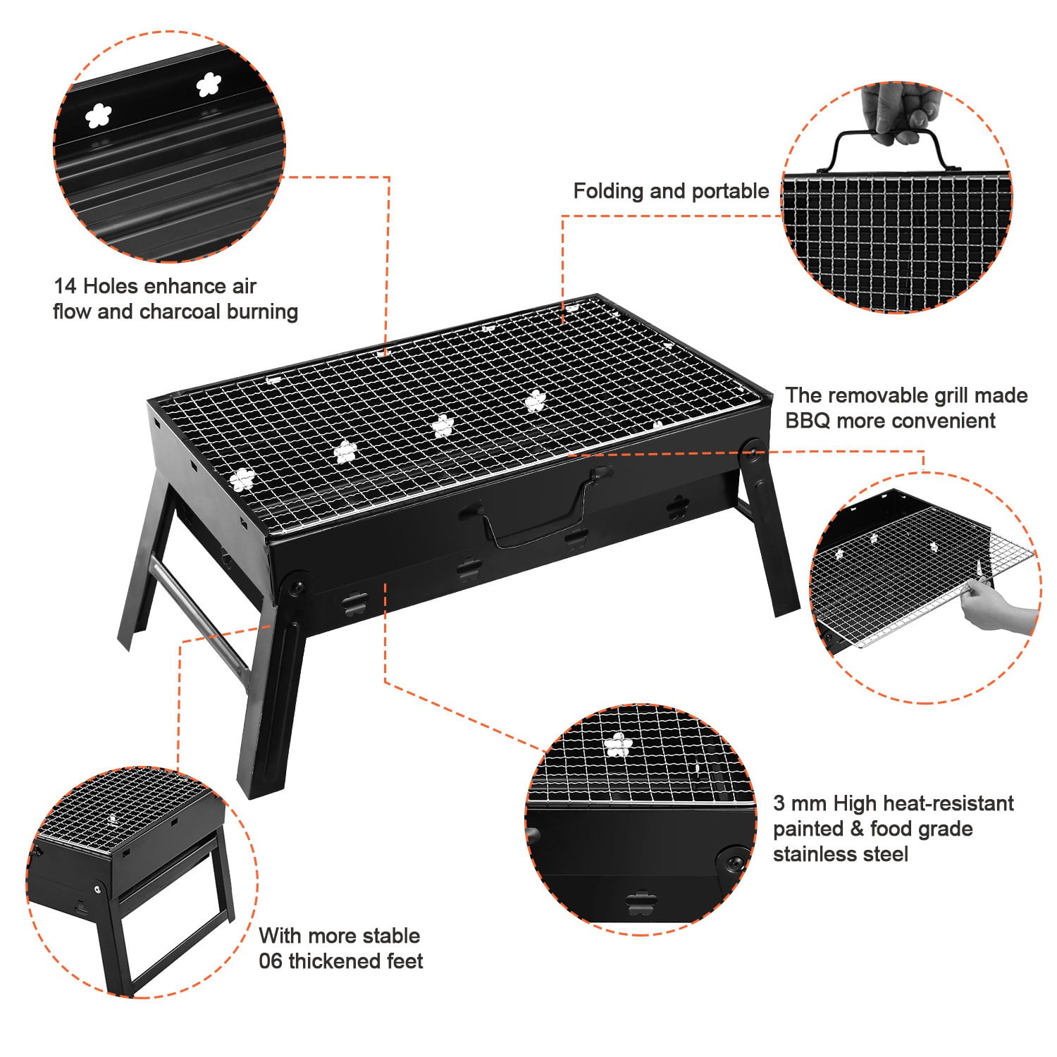 Xilee Portable Charcoal Grill, Folding Stainless Steel Tabletop BBQ for Camping and Picnics (Black, 17 in x 12.2 in x 3.4 in) nrgf8
